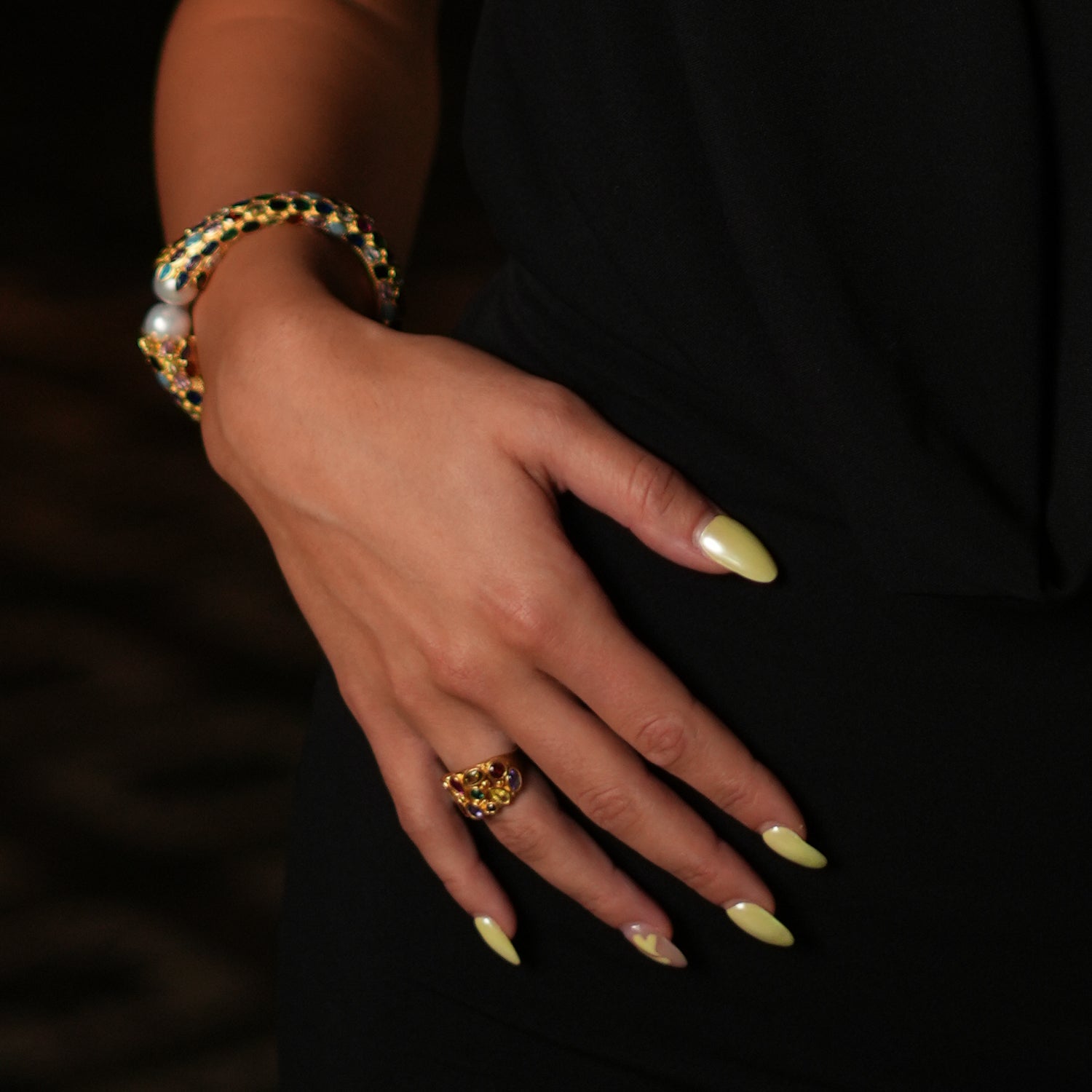 Colorful Teardrop Multi Gemstone Adjustable Ring with 24k Gold Plating for Modern Style