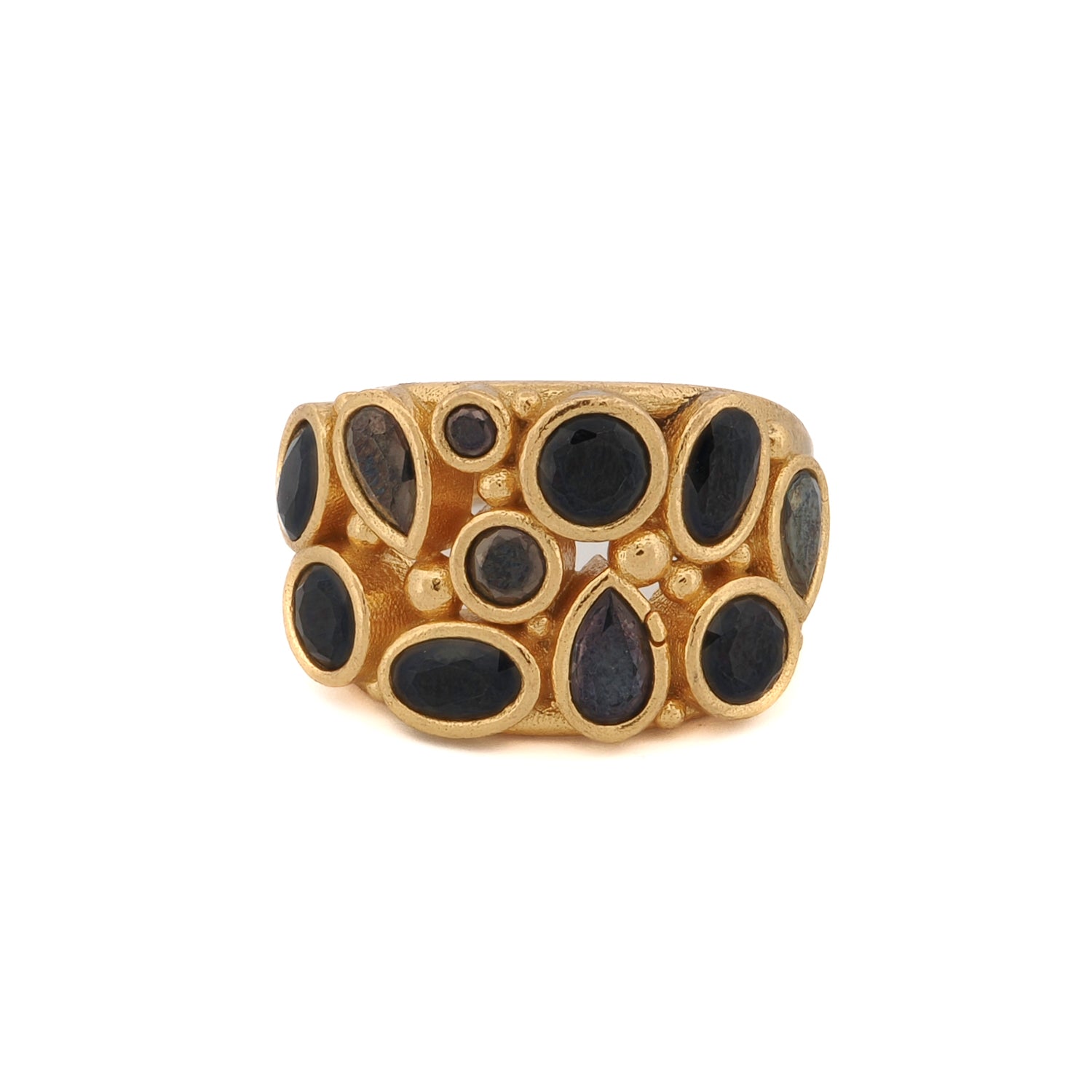 24K Gold-Plated Adjustable Statement Ring with Teardrop Onyx Stone for Bold, Elegant Style