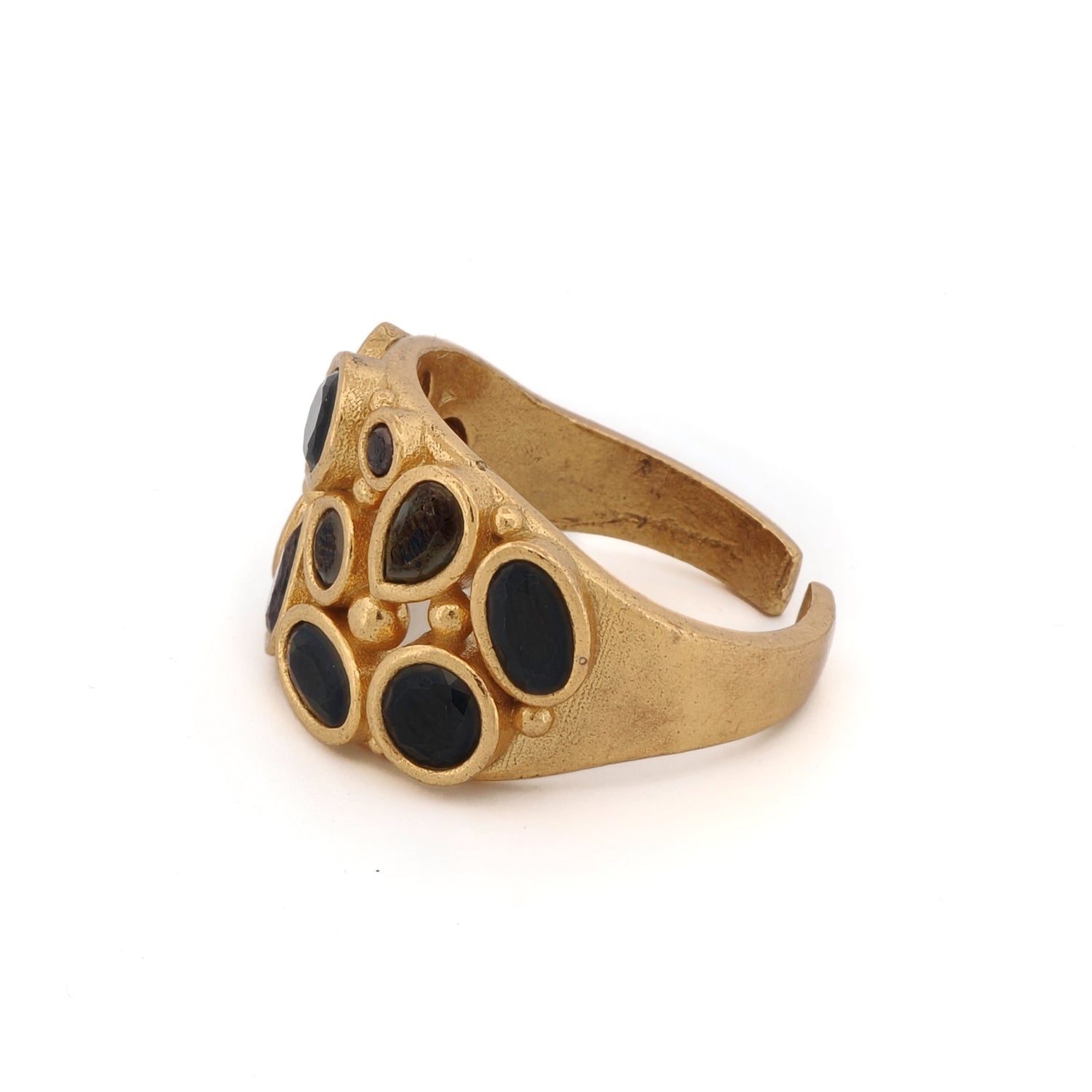 24K Gold Adjustable Ring with Teardrop Onyx Stone for Timeless Elegance and Modern Fashion