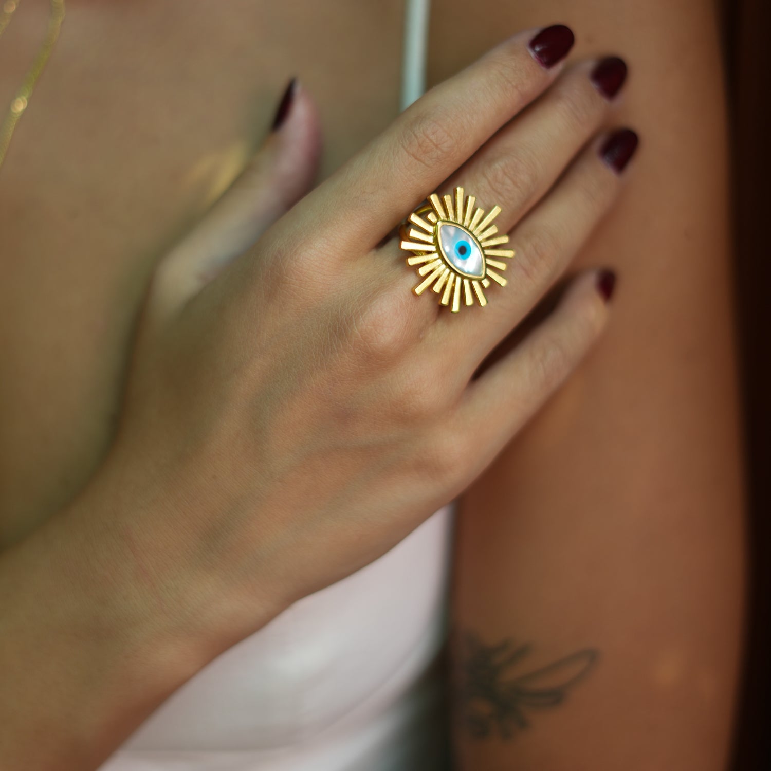 Bold 24k Gold-Plated Third Eye Guardian Ring with Pearl Center for Spiritual Awareness