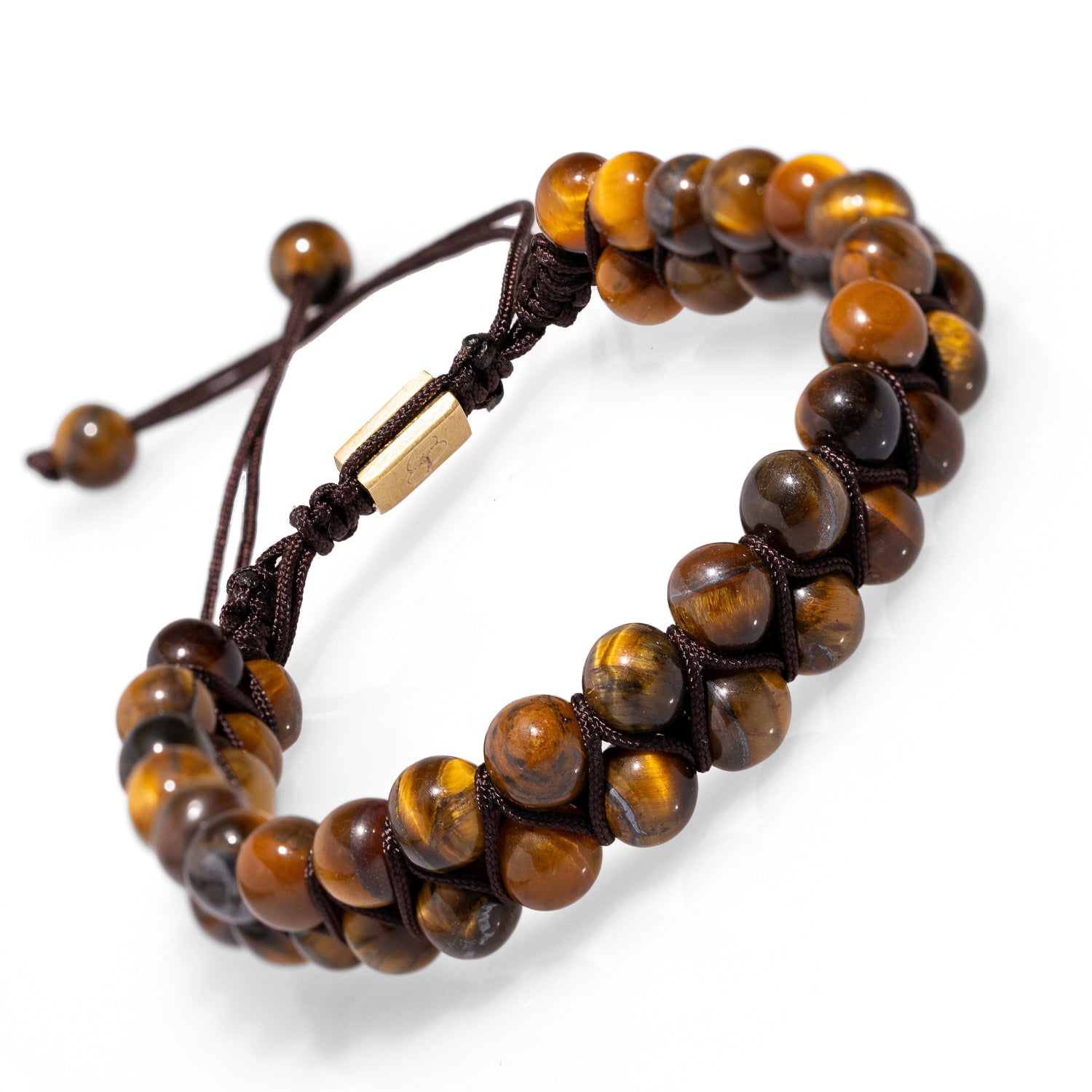 Two-row tiger's eye bracelet with black woven rope and silver bead accents, designed for strength and balance.