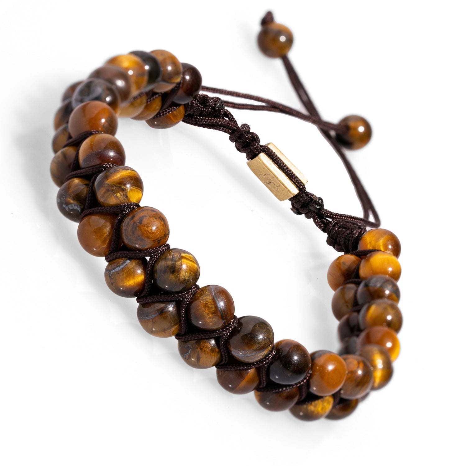 Stylish adjustable bracelet with double rows of tiger's eye stone beads, symbolizing confidence and protection.
