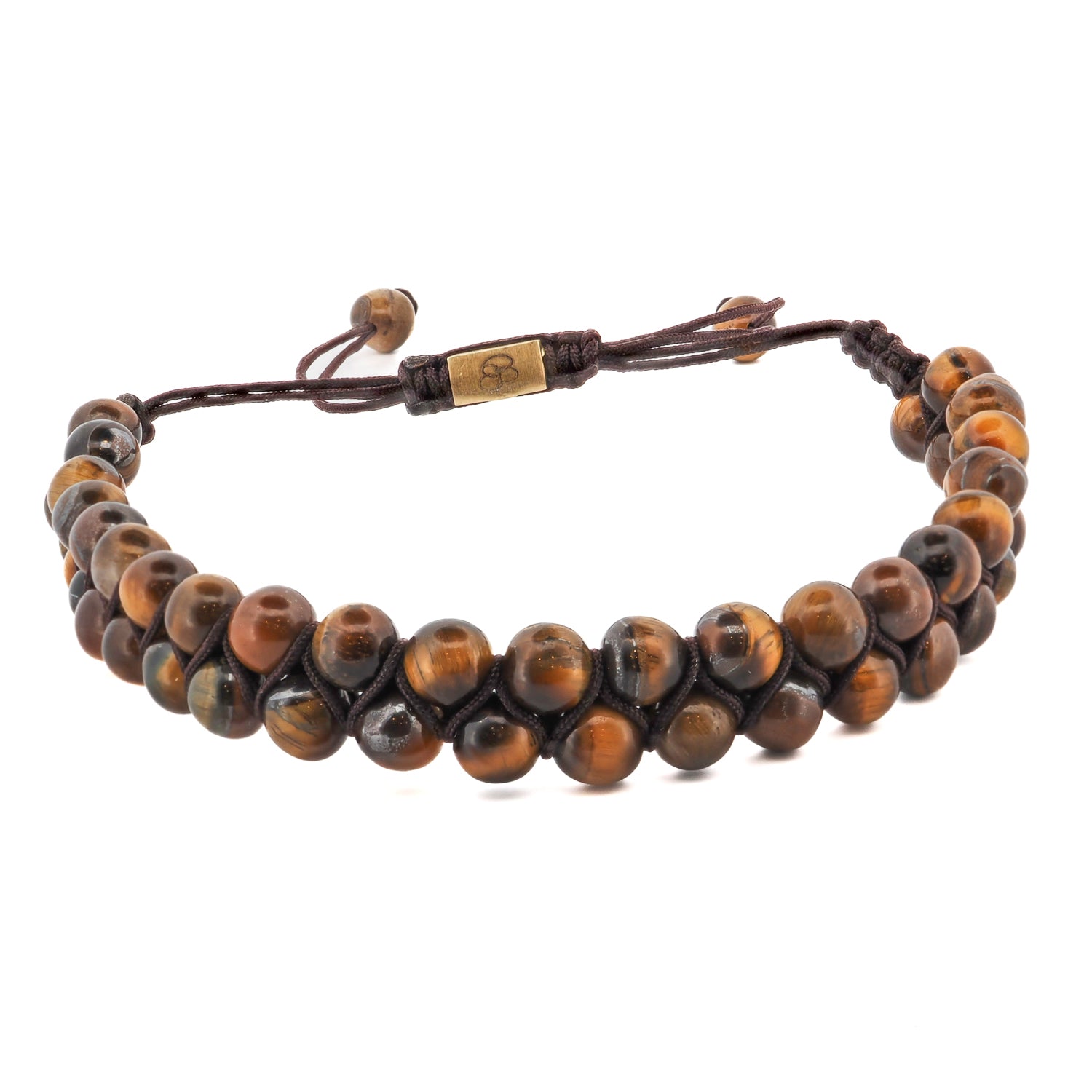 Tiger's Eye Stone Two Row Beaded Woven Bracelet featuring 6mm tiger's eye beads and an adjustable woven design.