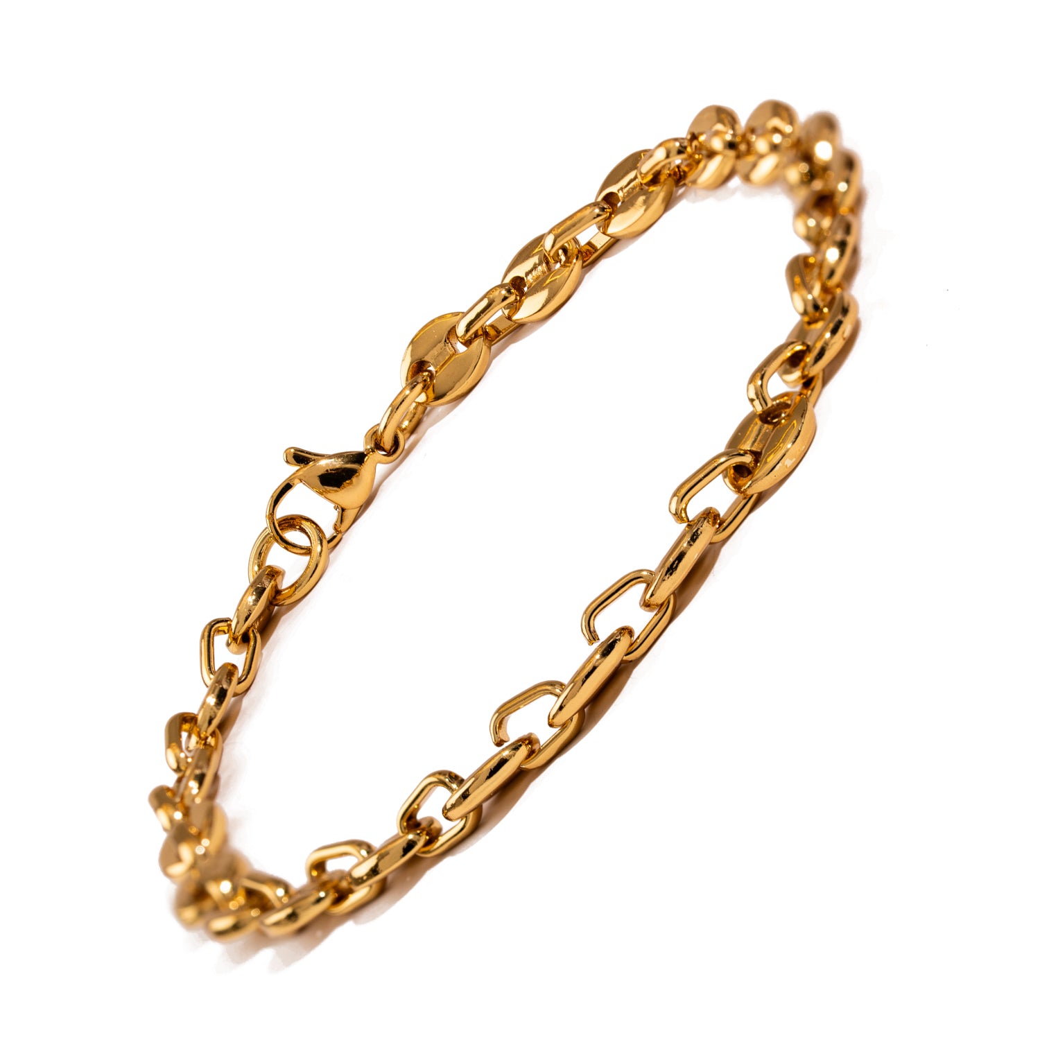 24K Gold-plated stainless steel men's chain bracelet, durable, water-resistant, tarnish-free, classic style, 8.5 inch length.