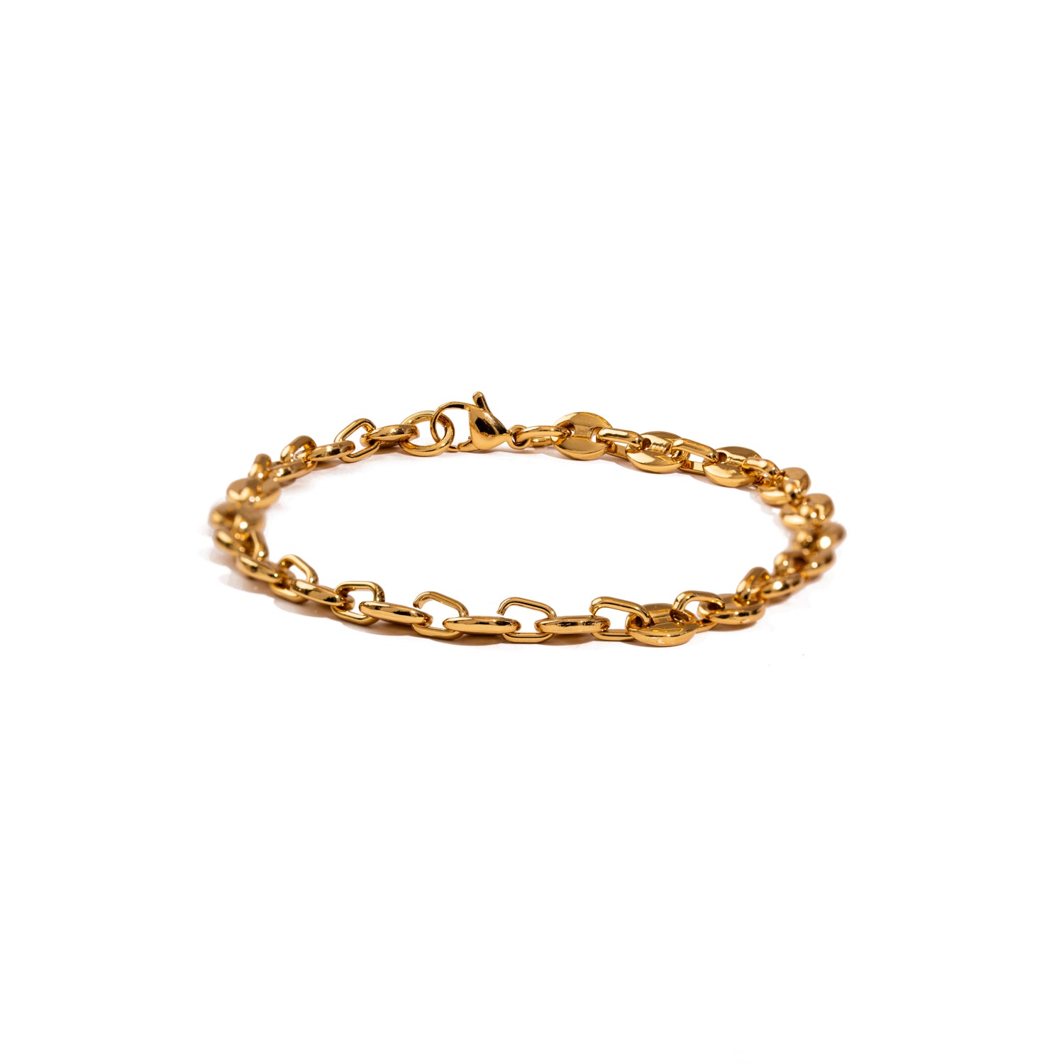 24 CT Gold-plated stainless steel men's chain bracelet, durable, water-resistant, tarnish-free, classic style, 8.5 inch length.