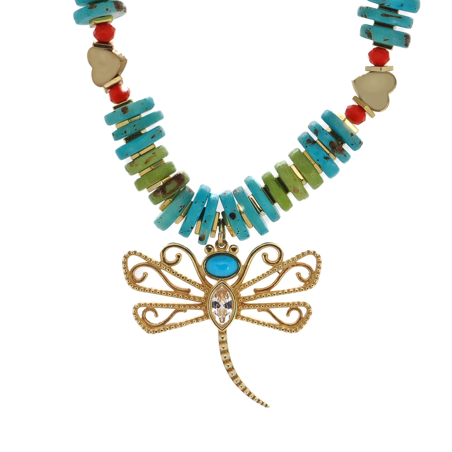 Transformation Dragonfly Gold & Turquoise Pendant Necklace featuring nugget turquoise beads and an 18K gold-plated pendant.