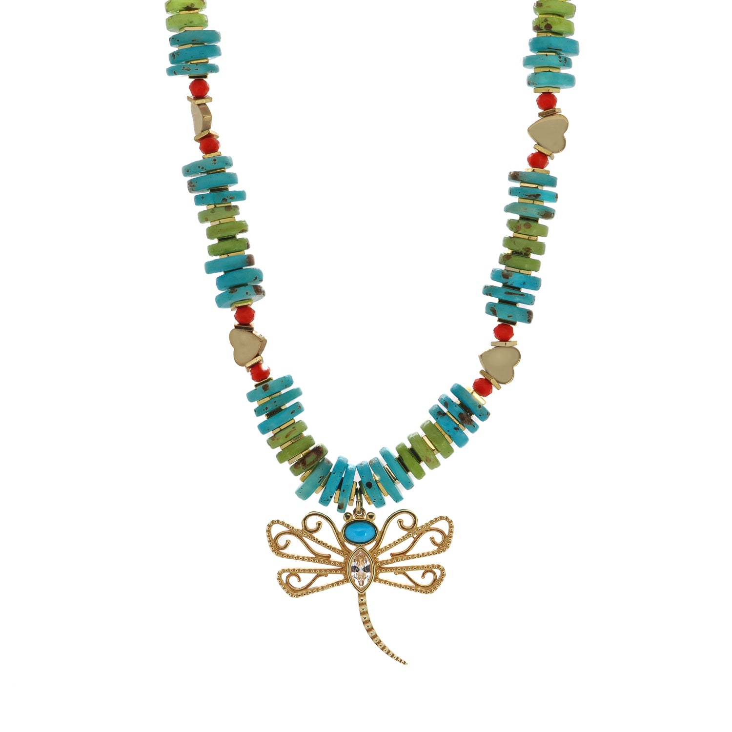 Stylish handmade necklace featuring a gold-plated dragonfly pendant with turquoise and CZ diamonds.