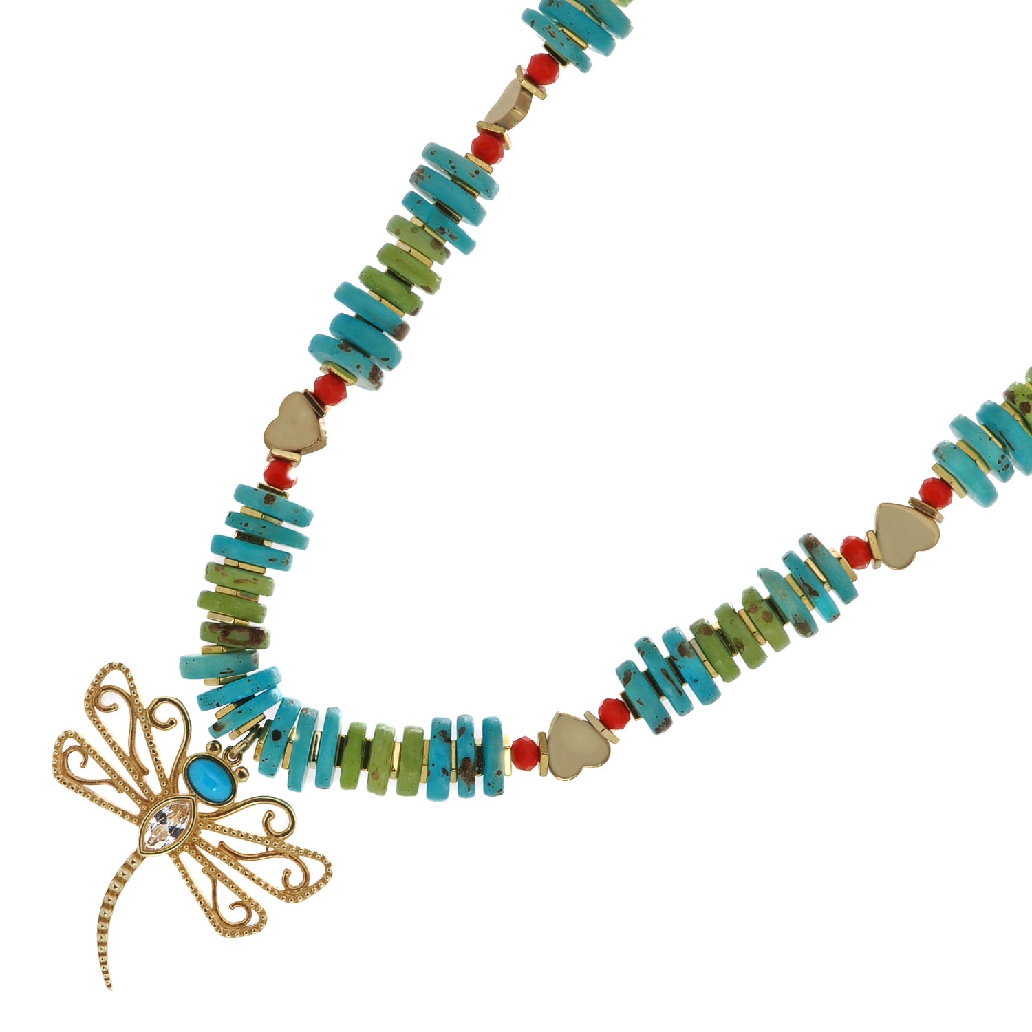 16-inch Transformation Dragonfly Necklace with gold hematite heart beads and a turquoise stone-adorned pendant.