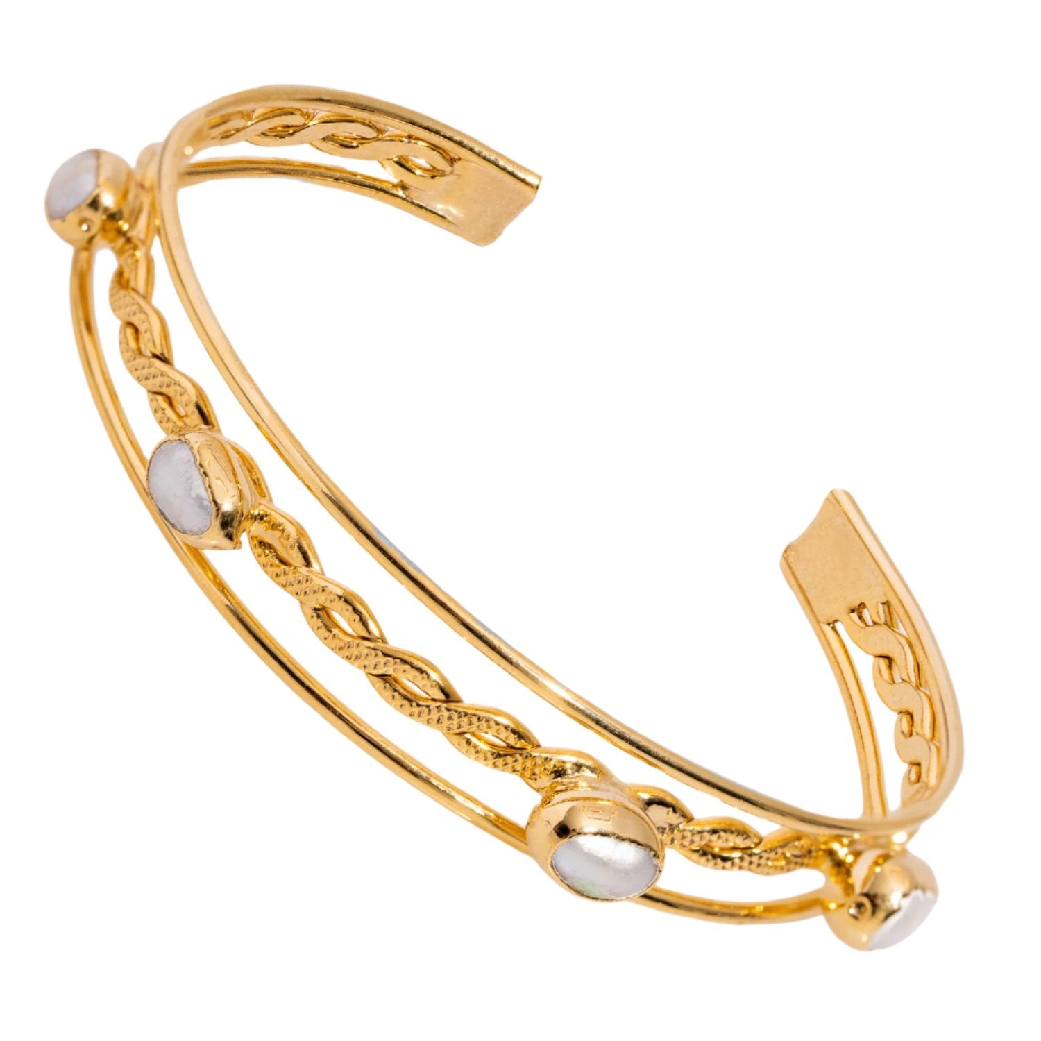 Twisted 18K Gold Cuff Bracelet with Trio Bubble Pearl Stones for Timeless Appeal