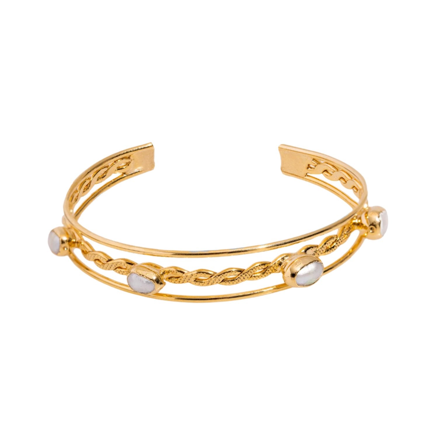 Gold Cuff Bracelet with Twisted Middle and Pearl Stones for a Bold, Timeless Statement