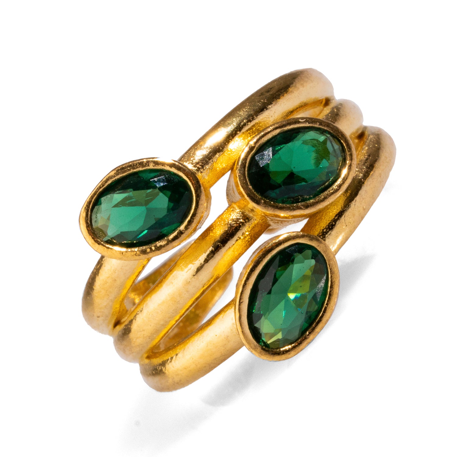 Stylish Trio Jade Stone Cocktail Ring with 24K Gold Finish for a Touch of Sophistication