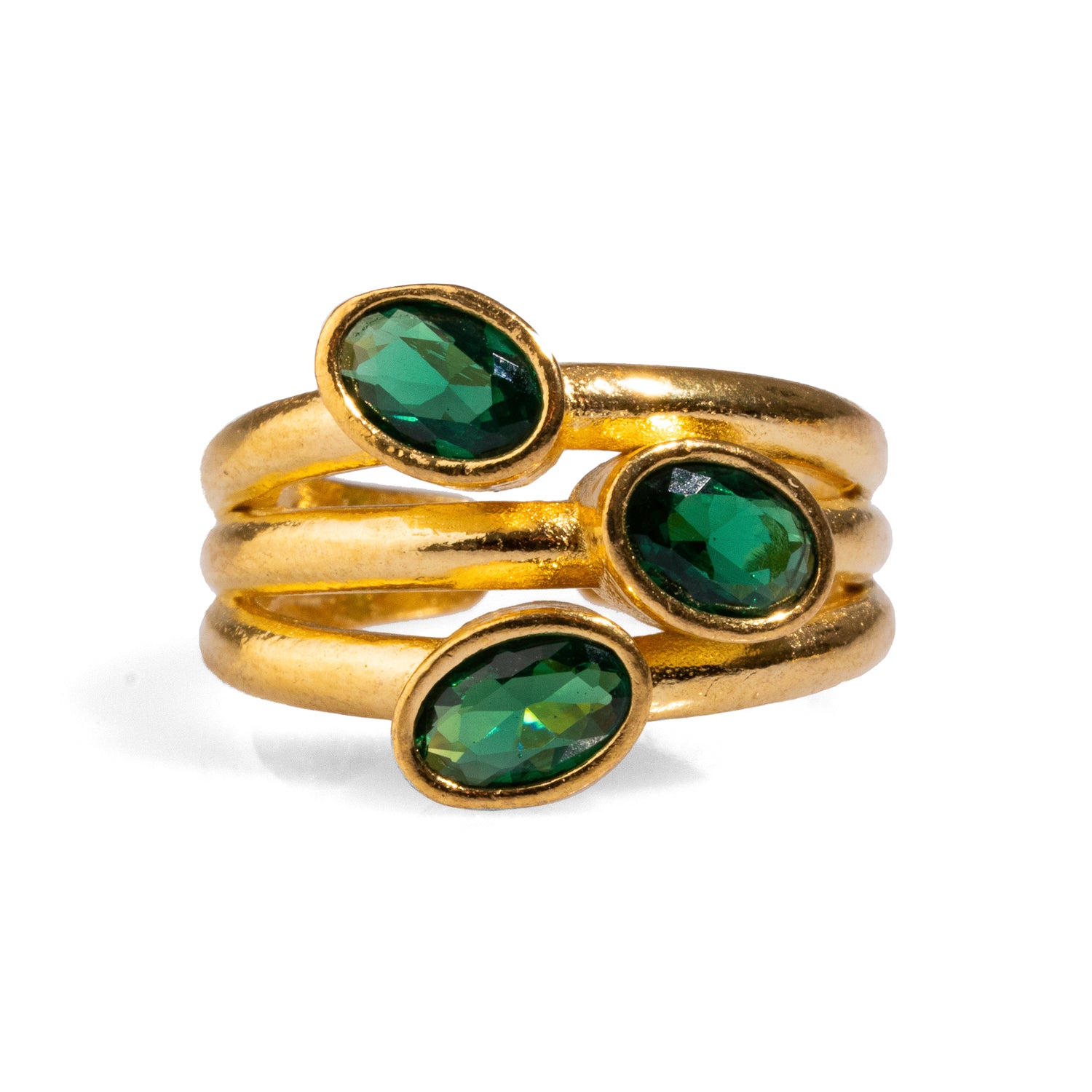24K Gold-Plated Cocktail Ring with Trio of Green Jade Stones for Sophisticated Style