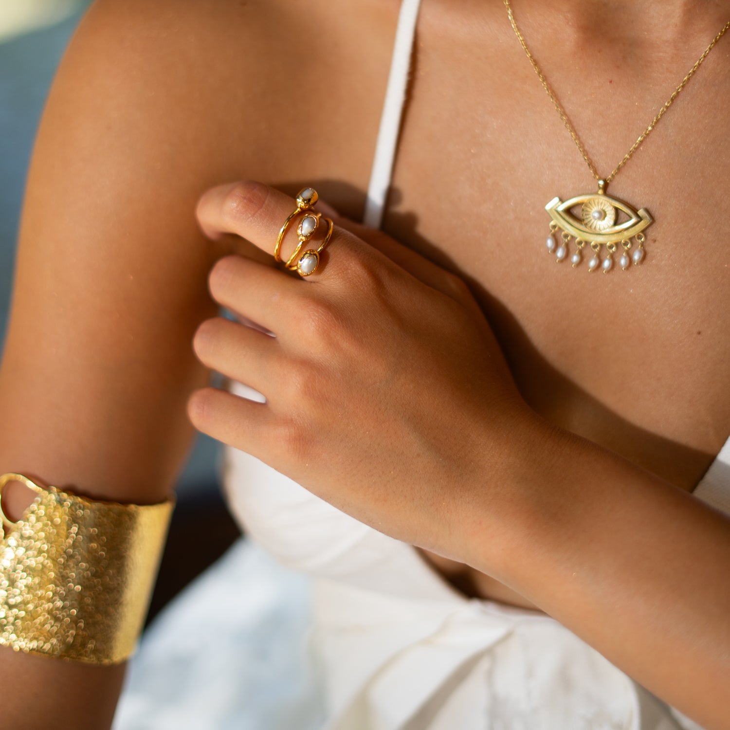 Trio Pearl Harmony Gold Adjustable Ring