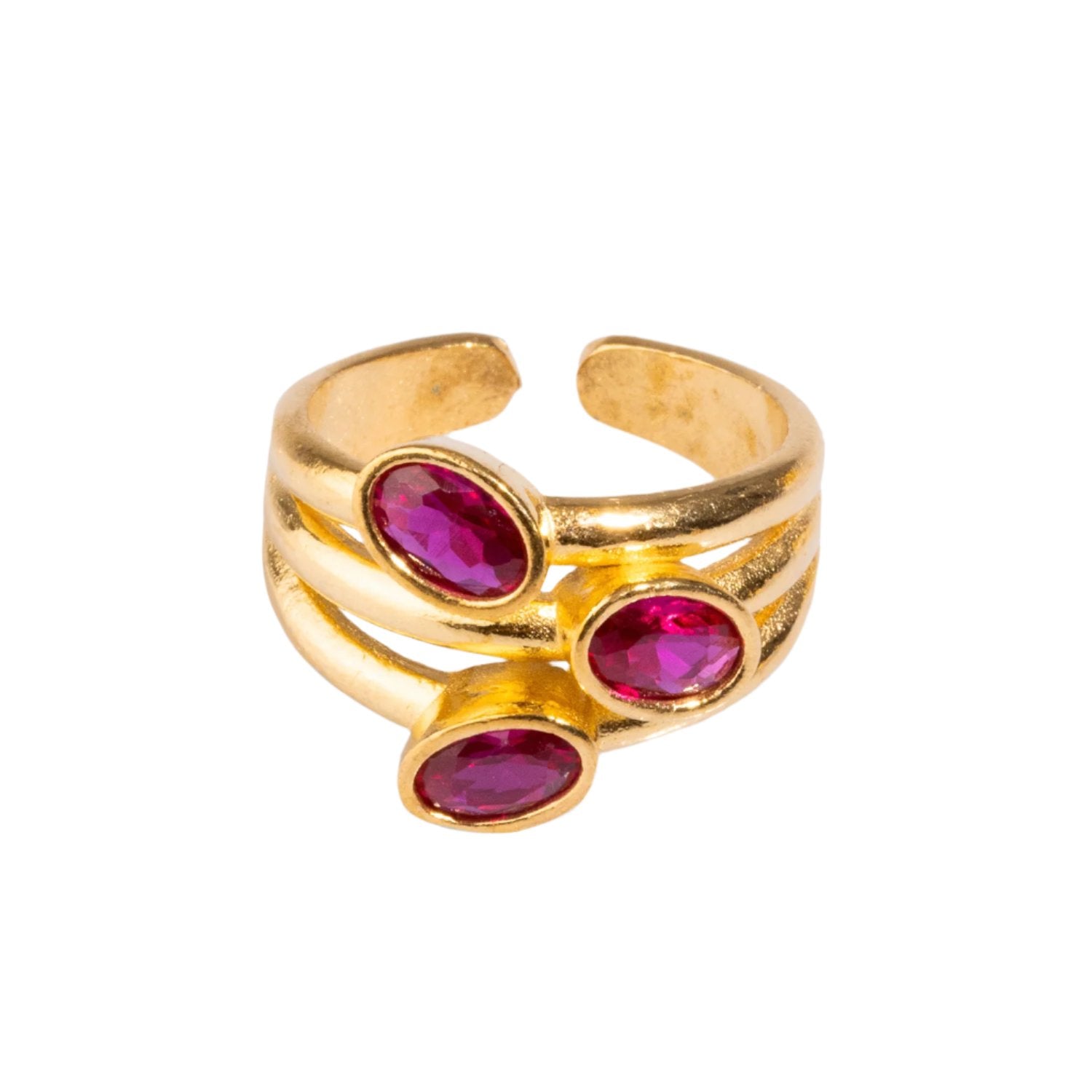 Luxurious cocktail ring featuring three oval ruby gemstones set in 24k gold-plated brass, with an adjustable band for a perfect fit.