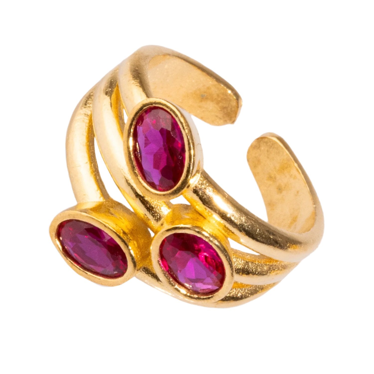 Stylish adjustable ring showcasing three vibrant ruby gemstones, crafted in 24k gold-plated brass for a touch of sophistication.