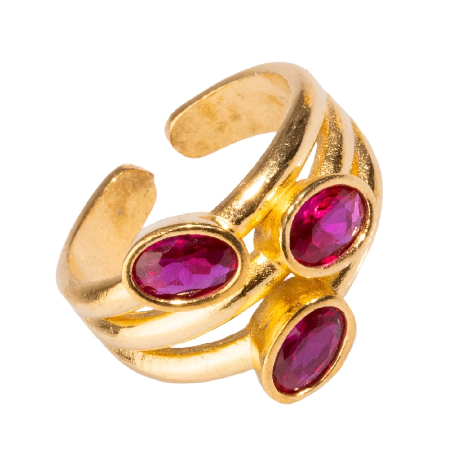 Statement ring featuring three ruby gemstones set in a 24k gold-plated brass base, adjustable for comfort and style.
