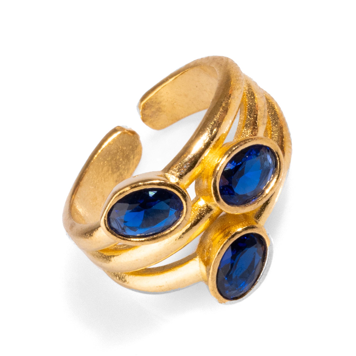 Trio Sapphire & Gold Cocktail Ring with Adjustable Band for Comfortable and Stylish Fit