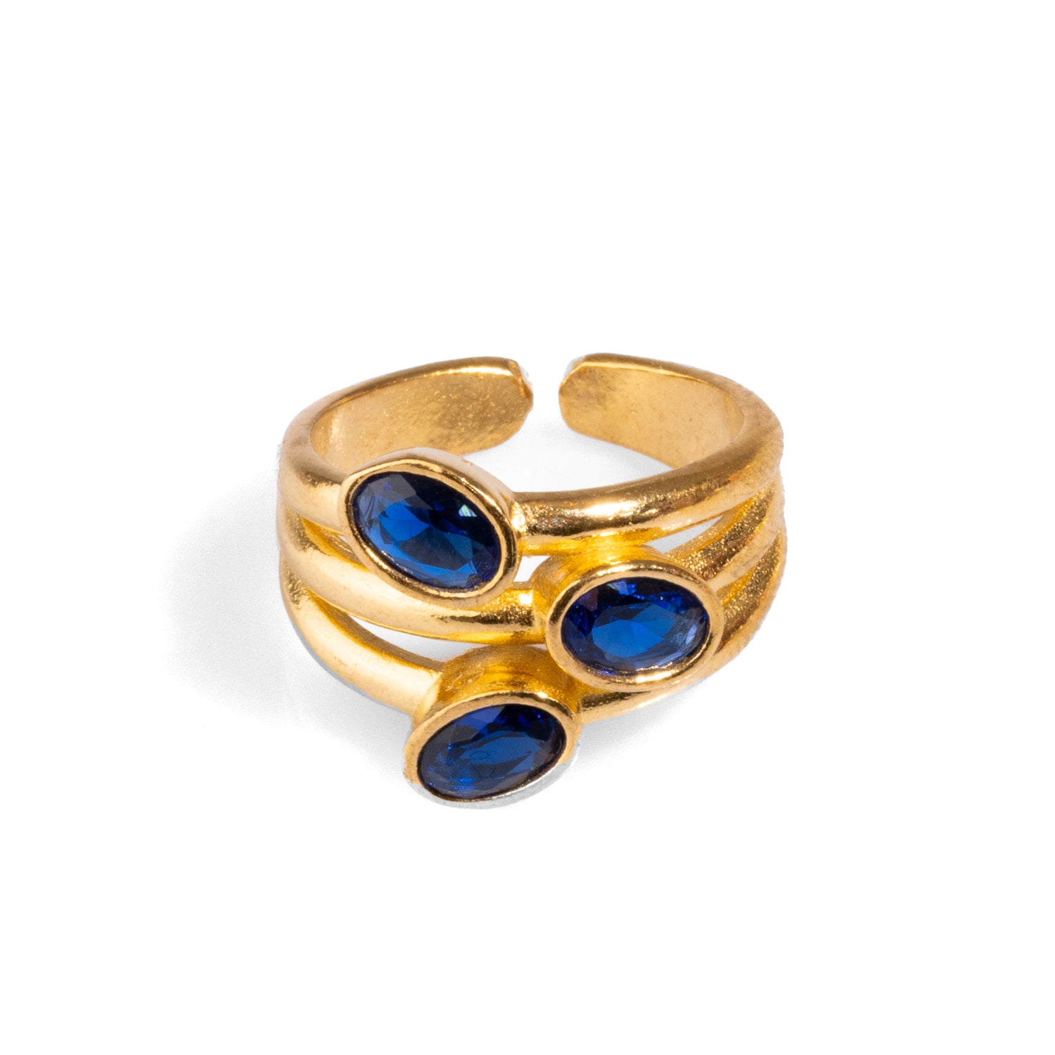 Elegant Trio Sapphire Gemstone & Gold Adjustable Cocktail Ring for Everyday and Formal Looks