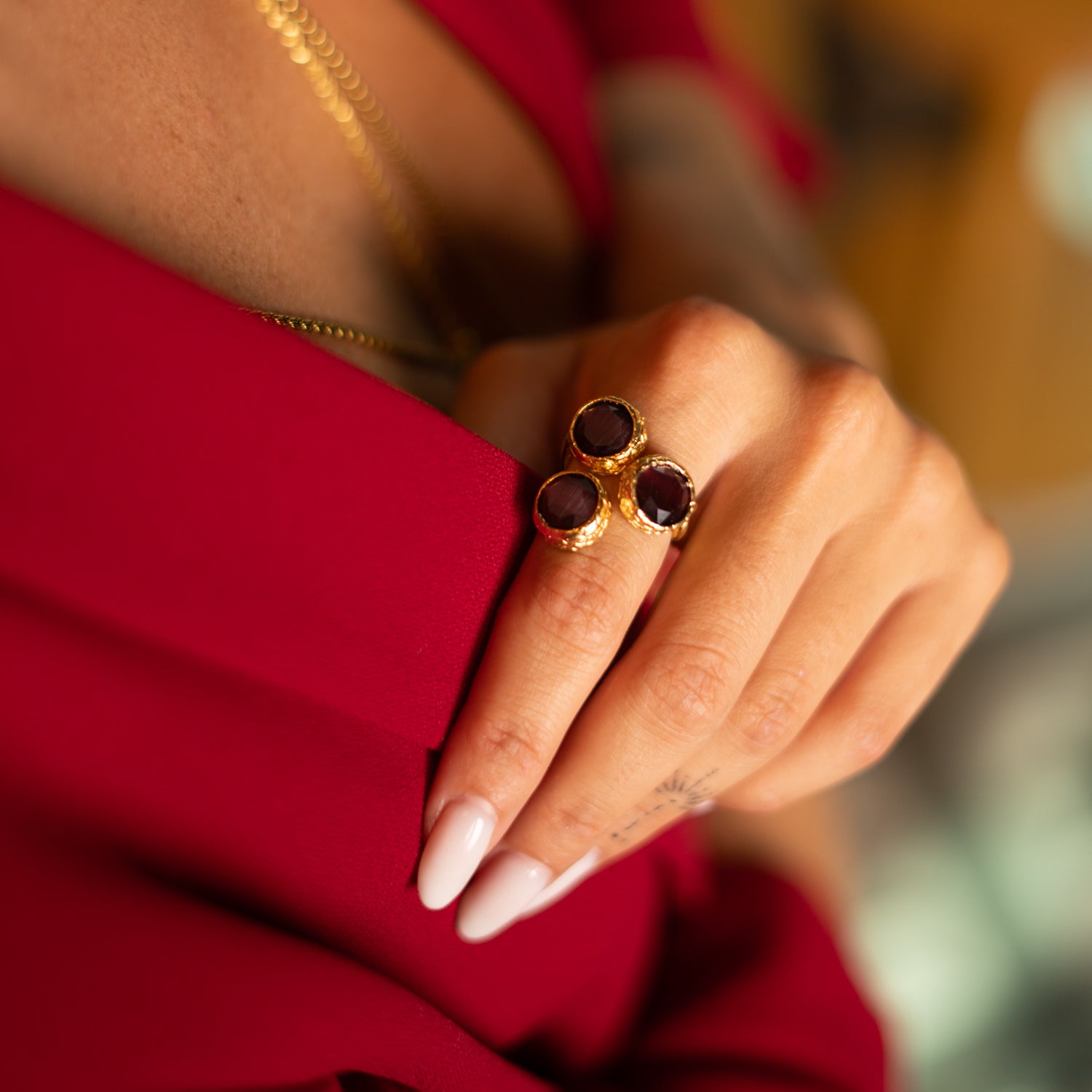 Triple Garnet Glow Gold Adjustable Ring