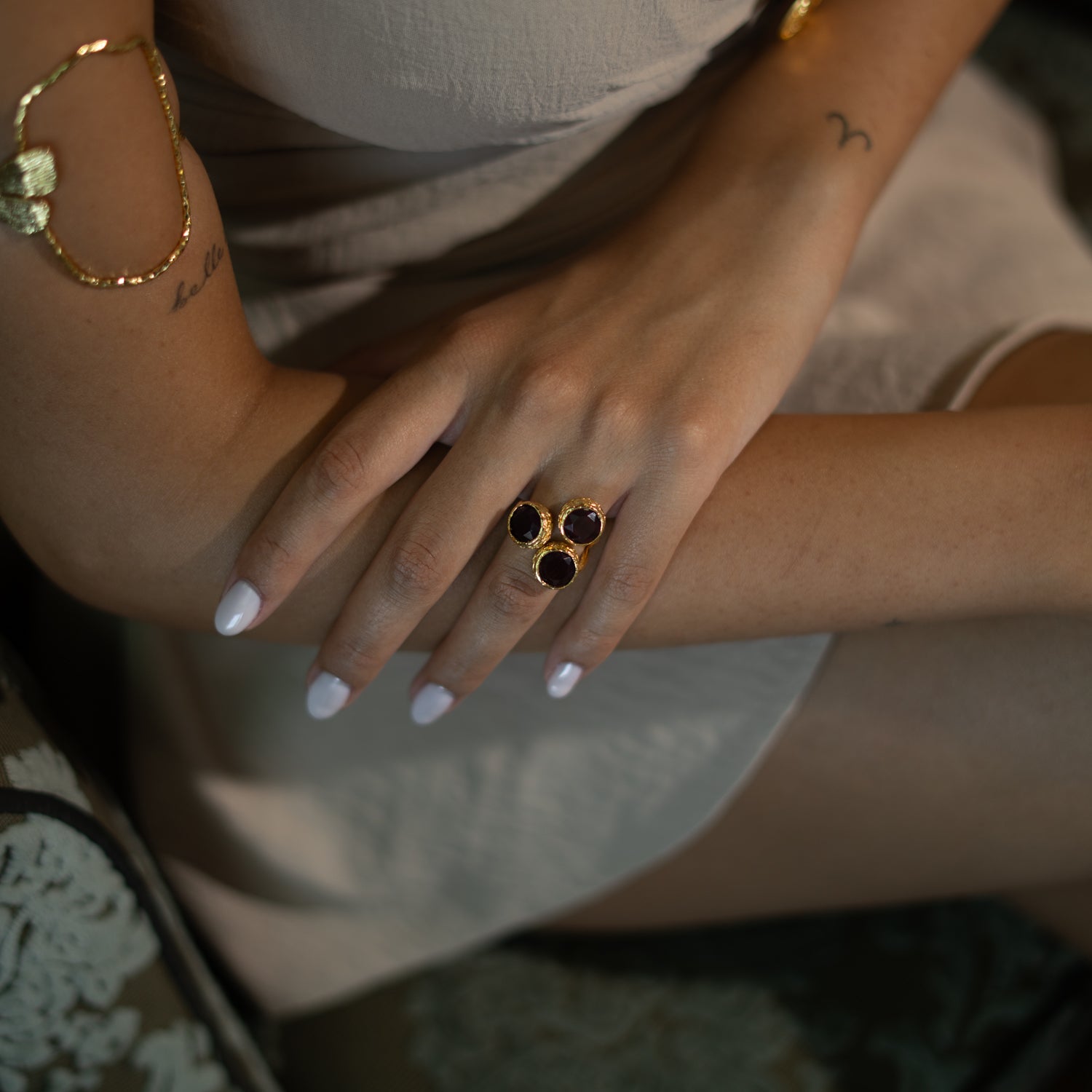 Triple Garnet Glow Gold Adjustable Ring