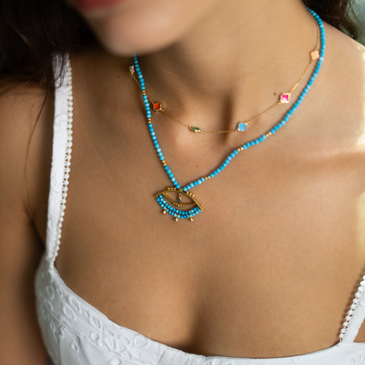 Turquoise Beaded Chain Evil Eye Topaz Gold Necklace