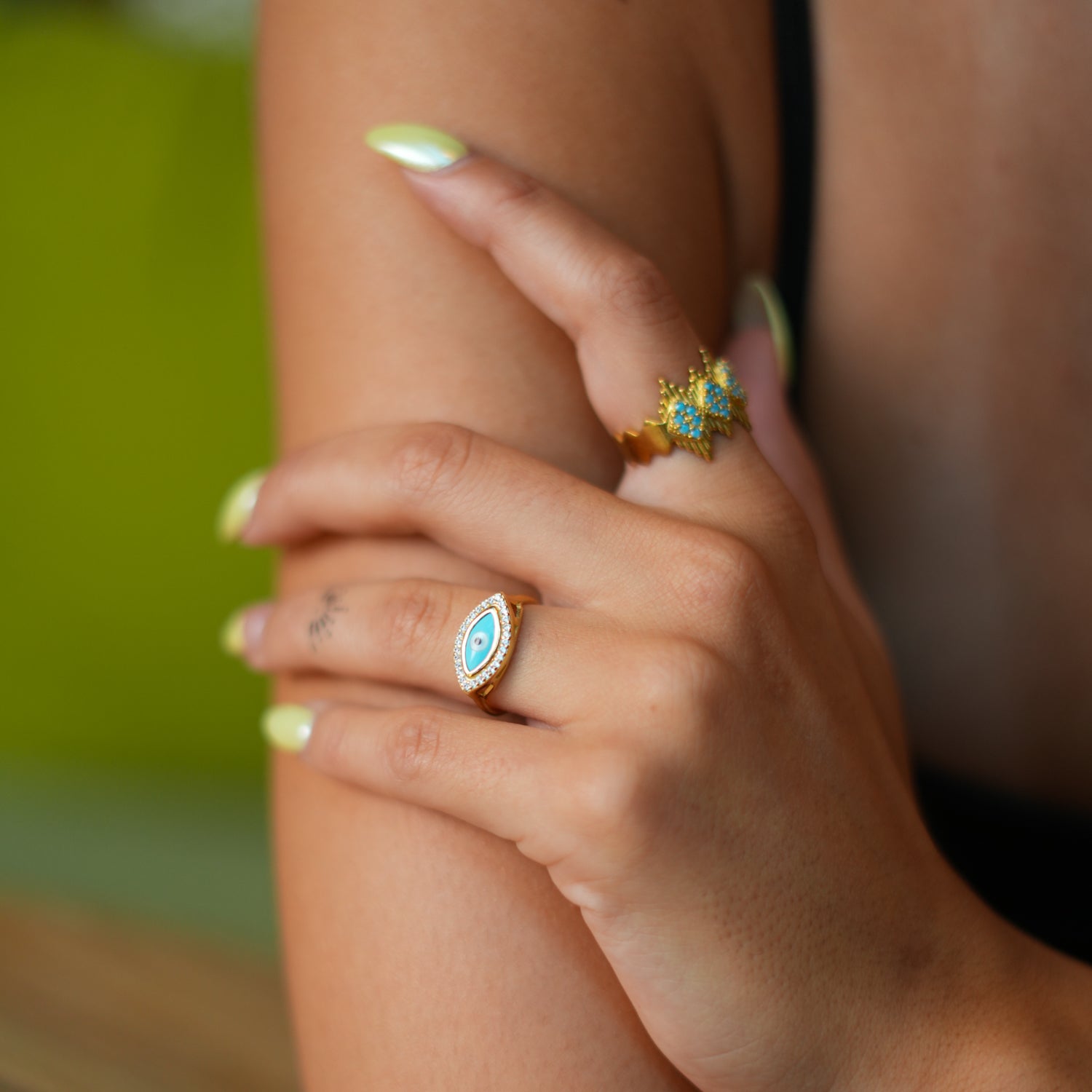 Chic Turquoise Enamel Evil Eye Ring with CZ Diamonds and 18K Gold Plated Band