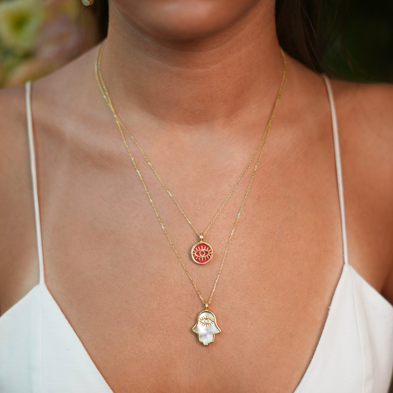 Pearl Hamsa Hand Pendant Necklace with Gold Evil Eye for Protection, Luck, and Elegant Style