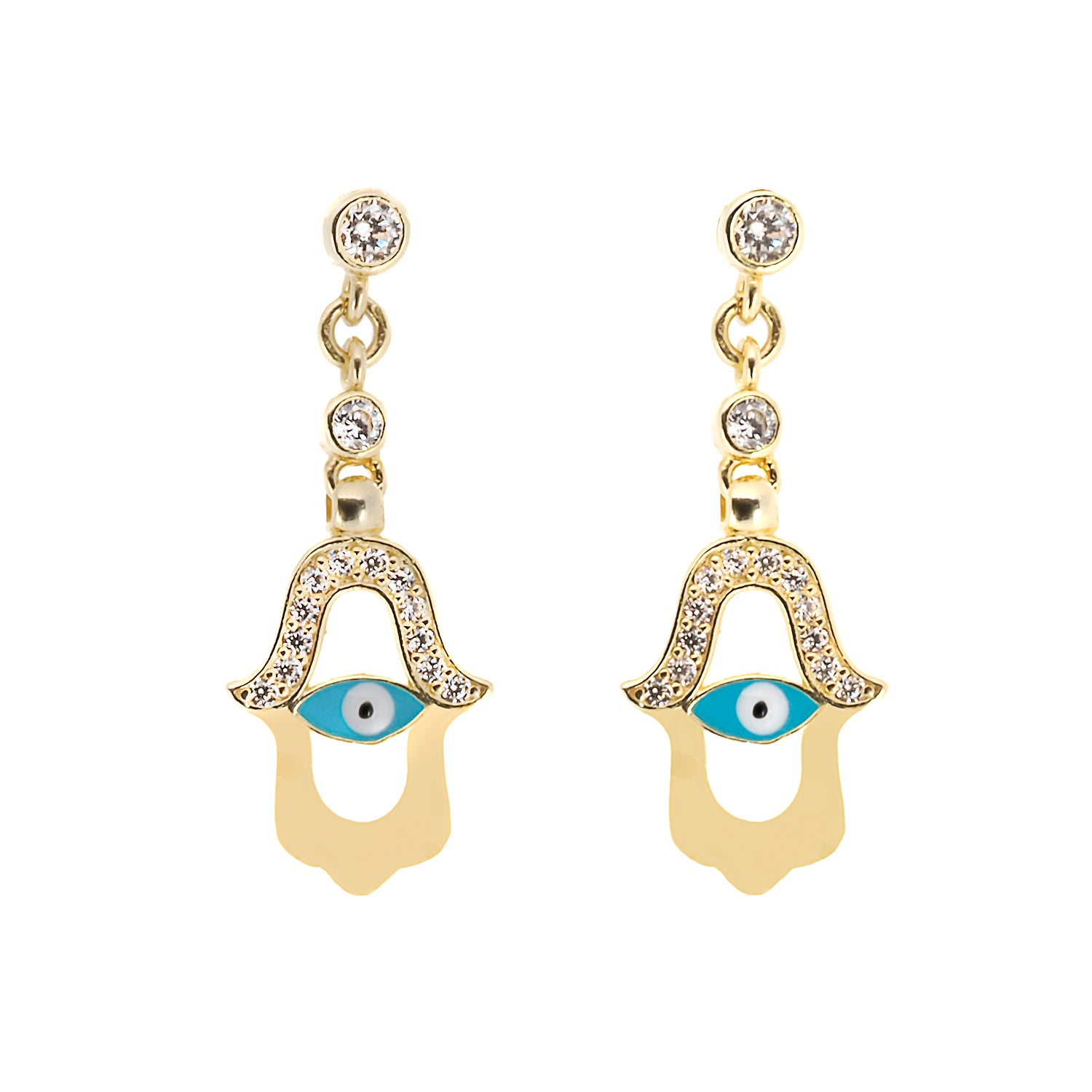 Turquoise Evil Eye Gold Hamsa Earrings with sterling silver and 18K gold plating, adorned with CZ diamonds