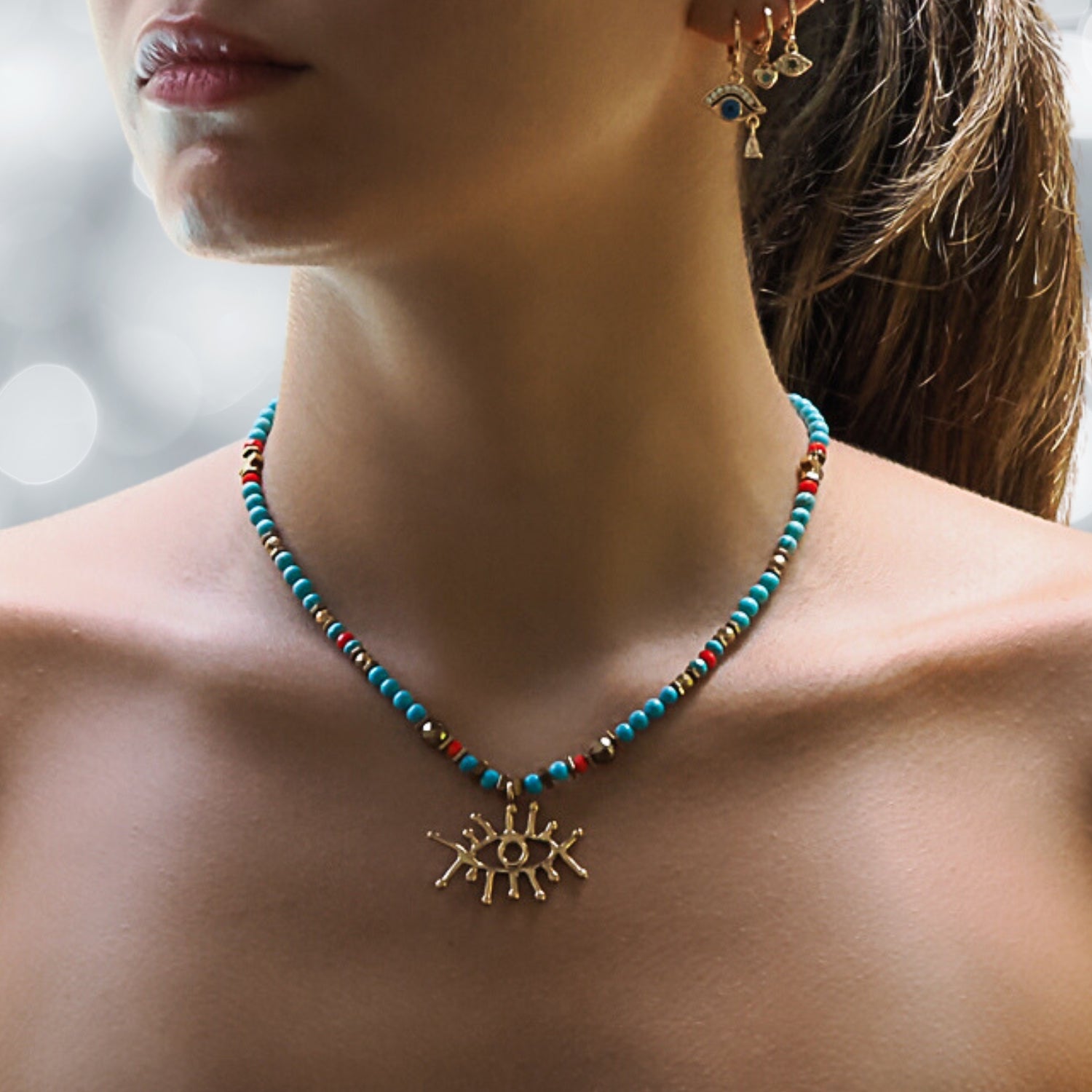 Guardian Evil Eye Pendant Turquoise Stone Beaded Necklace