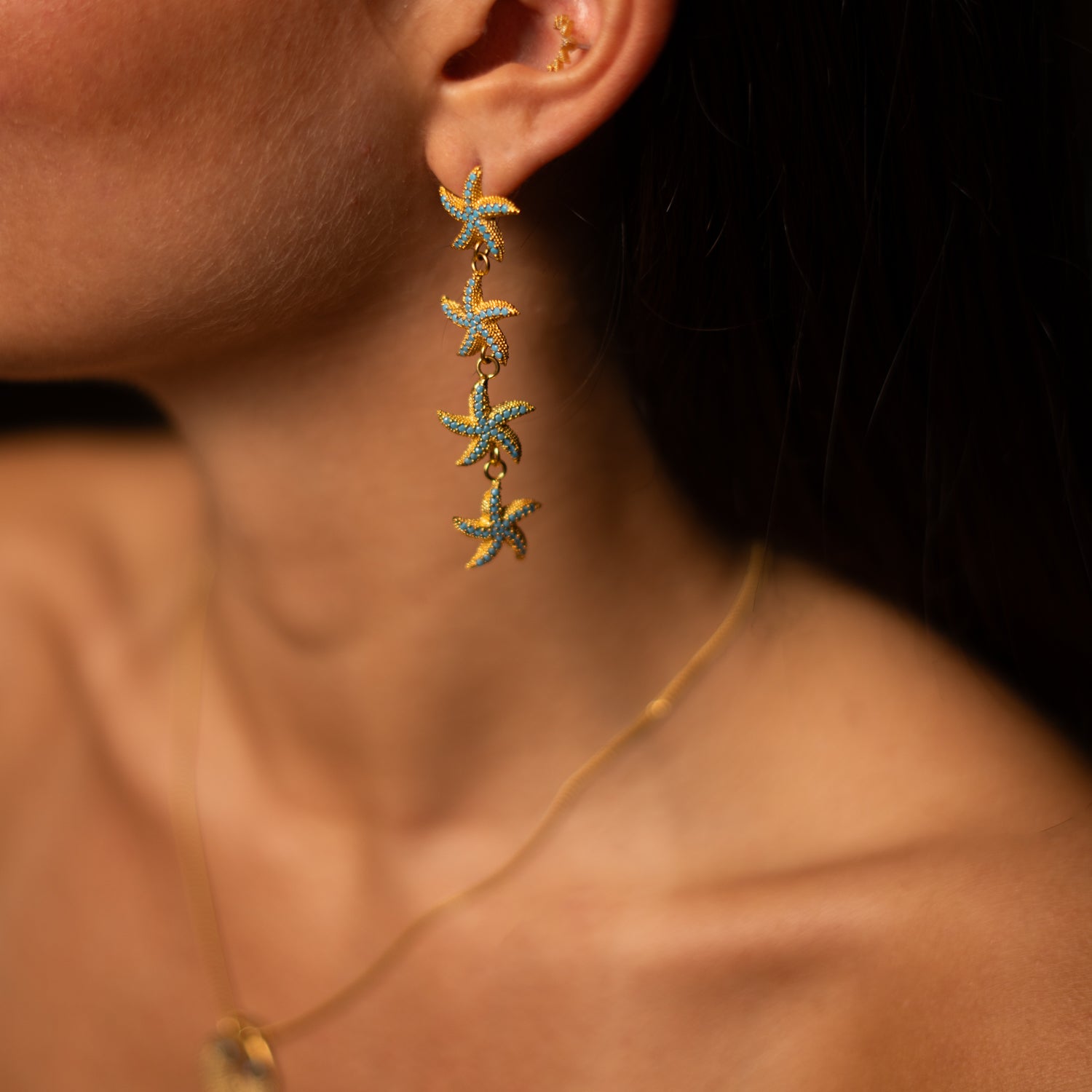 Turquoise Starfish Cascade Gold Dangle Earrings