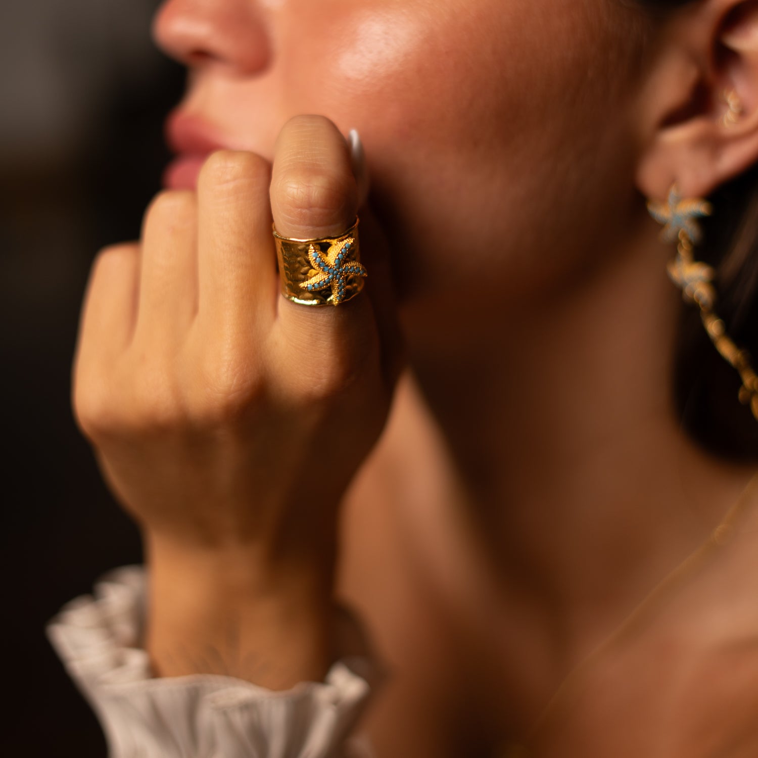 Turquoise Starfish Gold Adjustable Cuff Ring