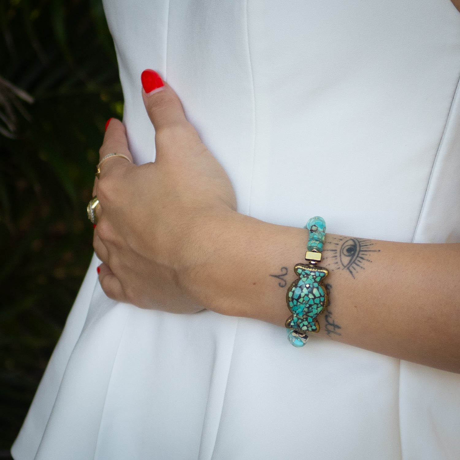Turquoise Stone Beaded Nepal Mantra Bracelet
