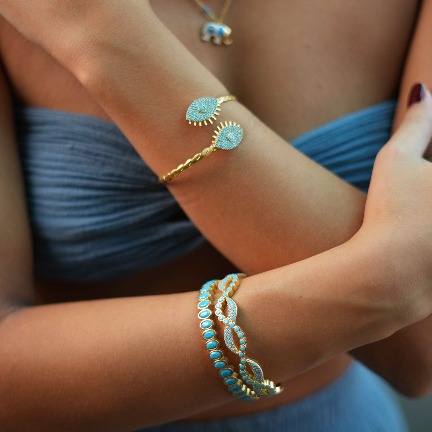 24K Gold-Plated Bangle Bracelet with Turquoise Stones for Effortless Style and Spiritual Charm
