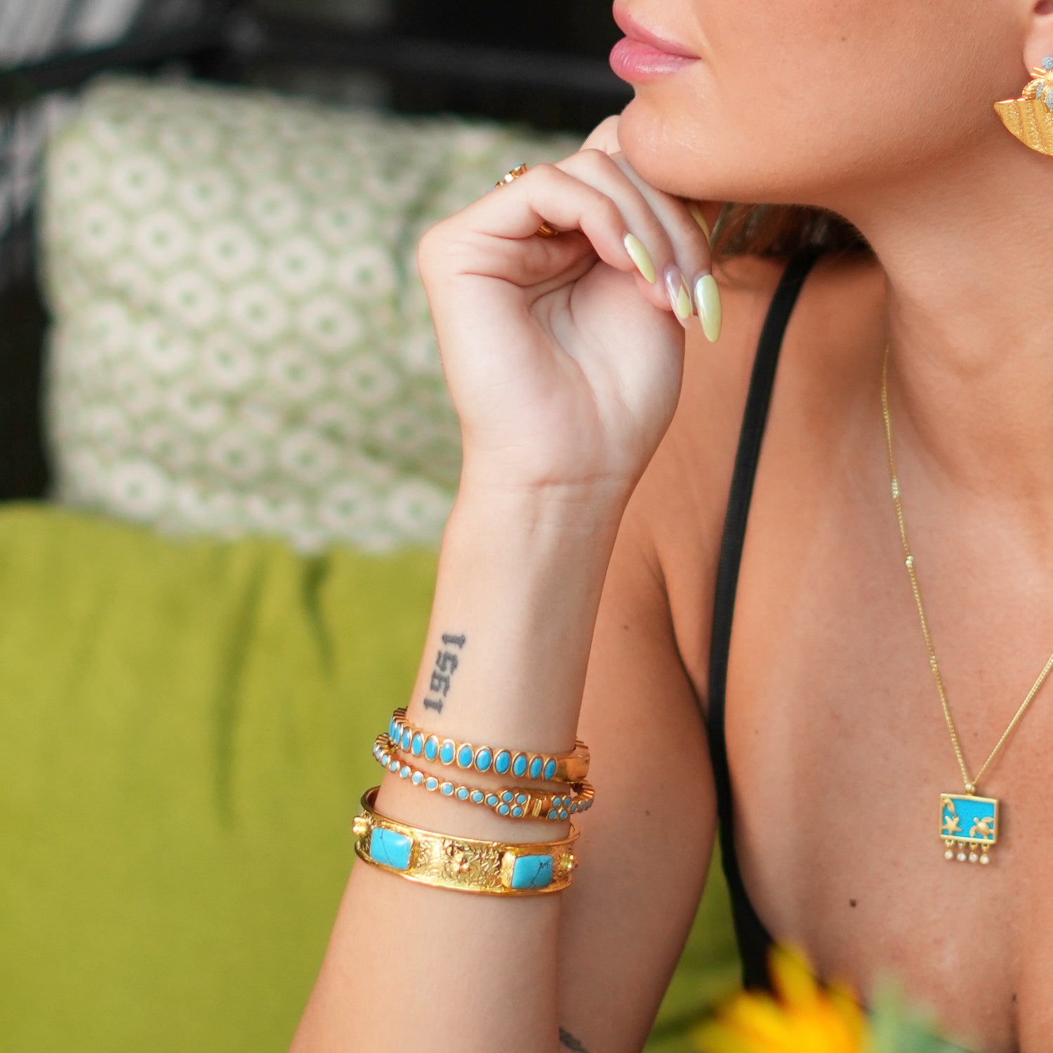 24K Gold-Plated Bangle with Turquoise Teardrop Stones for Spiritual Elegance and Energy