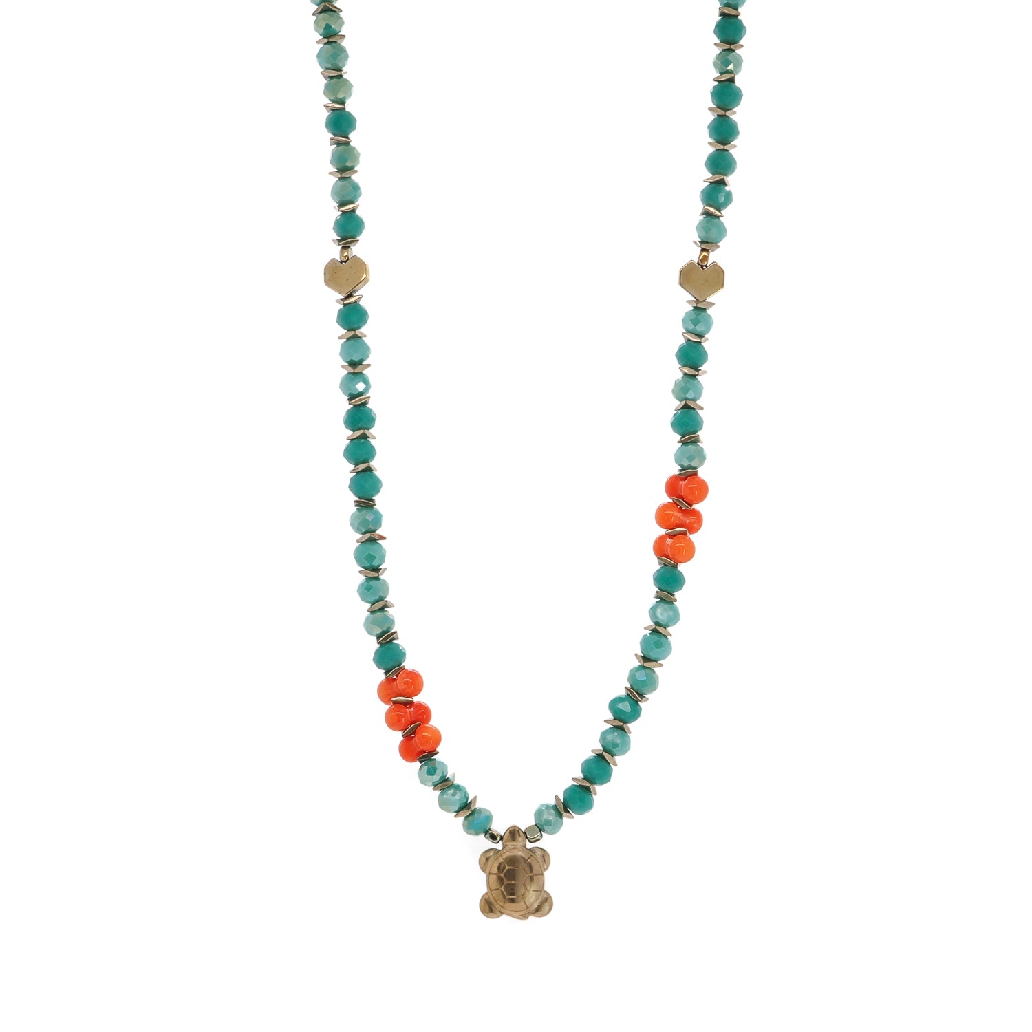 18K Gold-Plated Turtle Pendant Necklace with Green Crystal Beads, Coral Stones, and Grounding Energy