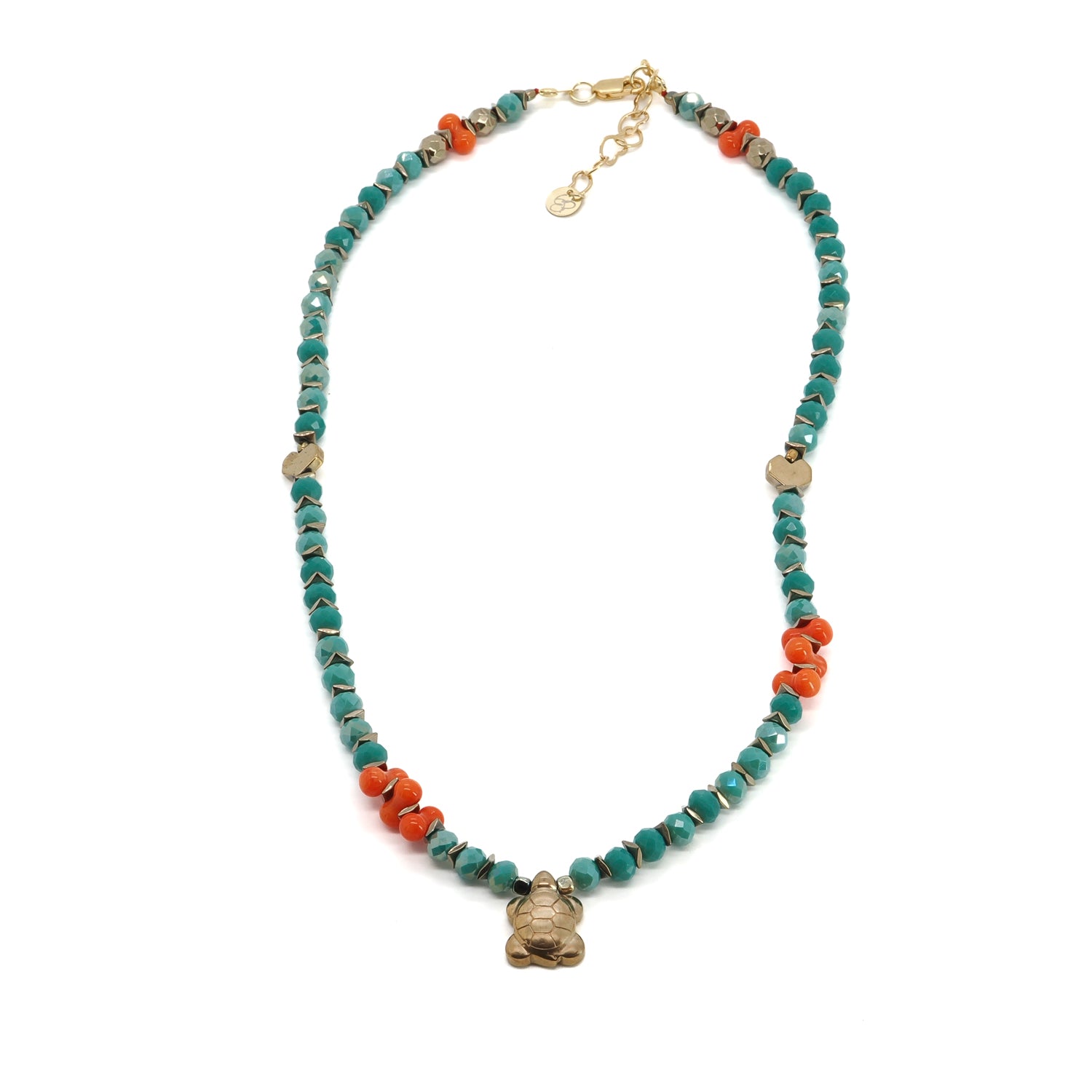 Turtle Blessing Necklace with Green Crystal and Coral Beads, Gold Hematite Heart Bead, and Gold-Plated Turtle Pendant