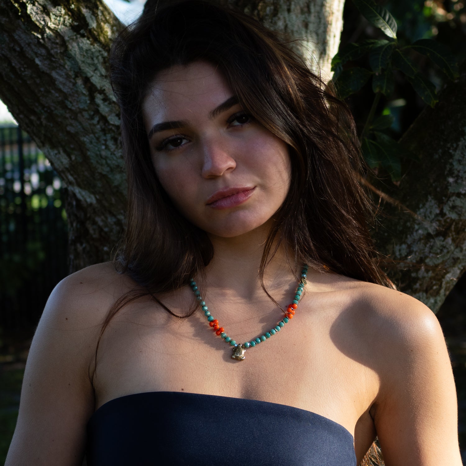 Vibrant Coral and Green Crystal Beaded Necklace with Gold Hematite Heart Bead and Turtle Pendant for Spiritual Healing