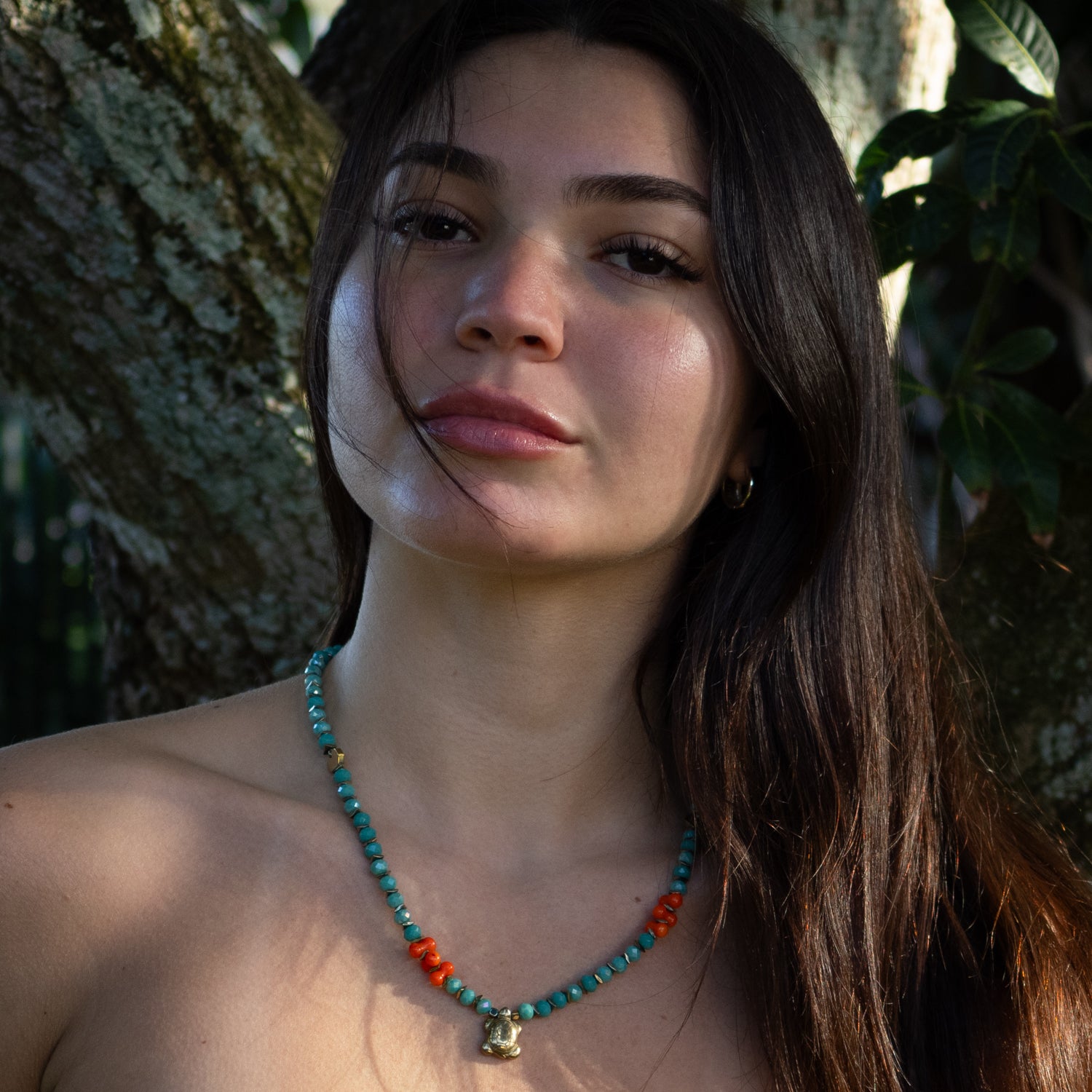 Green Crystal & Coral Beaded Necklace with 18K Gold-Plated Turtle for Wisdom, Protection, and Love