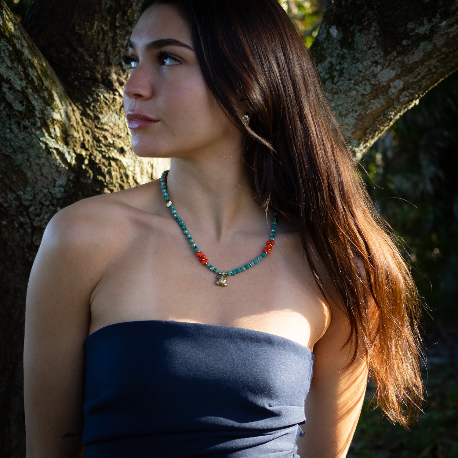 Handcrafted Green Crystal & Coral Beaded Necklace with Gold Hematite Heart Bead and Turtle Pendant for Love and Protection