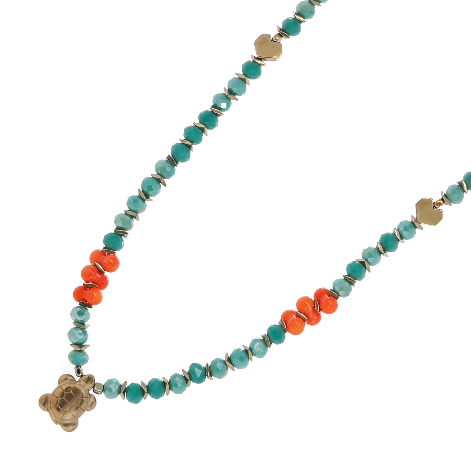 Turtle Blessing Necklace with Green Crystal and Coral Beads, 18K Gold-Plated Heart and Turtle Pendant for Inner Peace