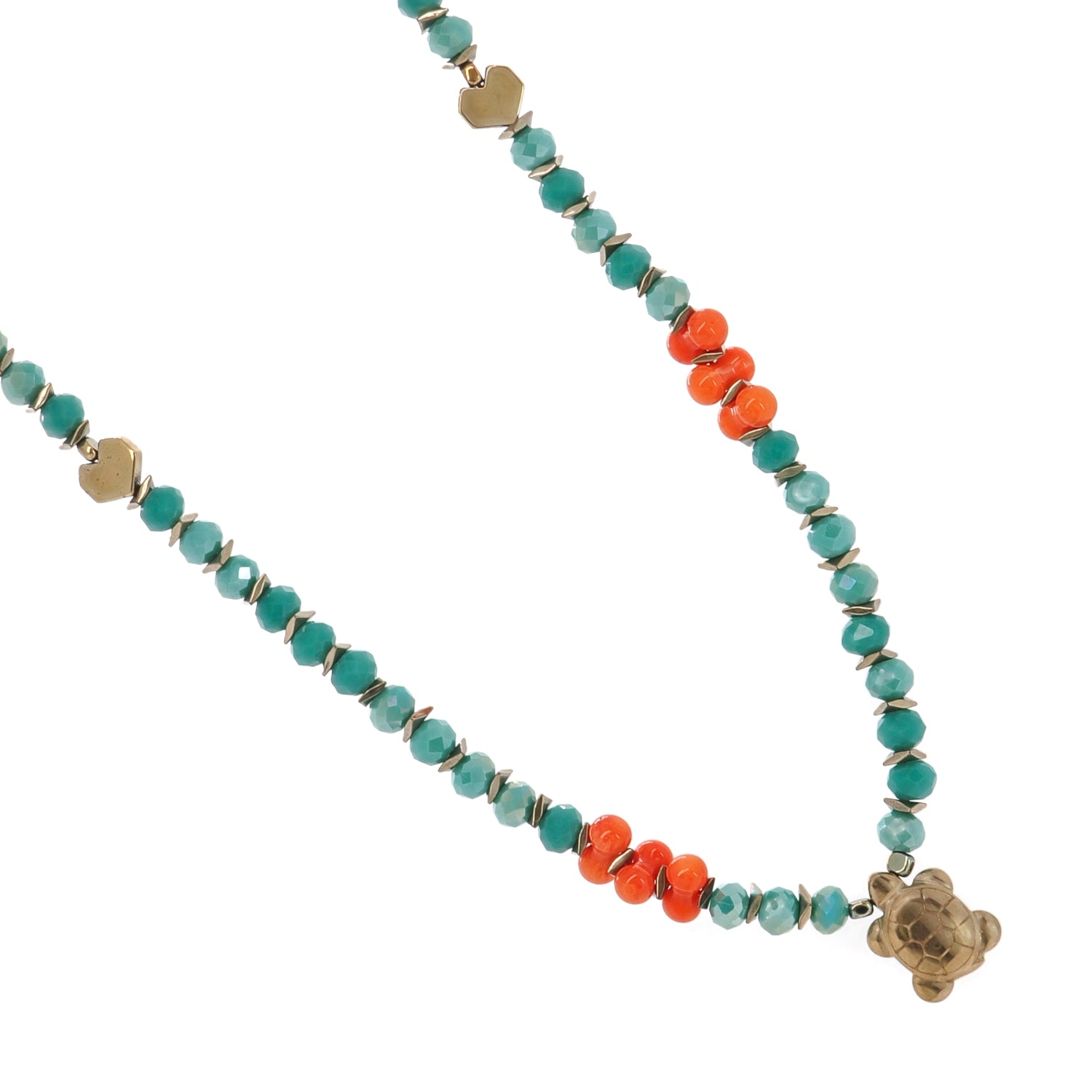 Gold Hematite Heart Bead Necklace with Green Crystal and Coral Stones and 18K Gold-Plated Turtle Pendant for Good Luck