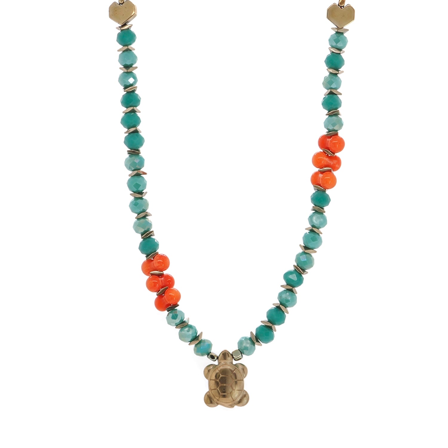 Handcrafted Necklace with Green Crystal, Coral Beads, and 18K Gold-Plated Turtle Pendant for Protection and Vitality