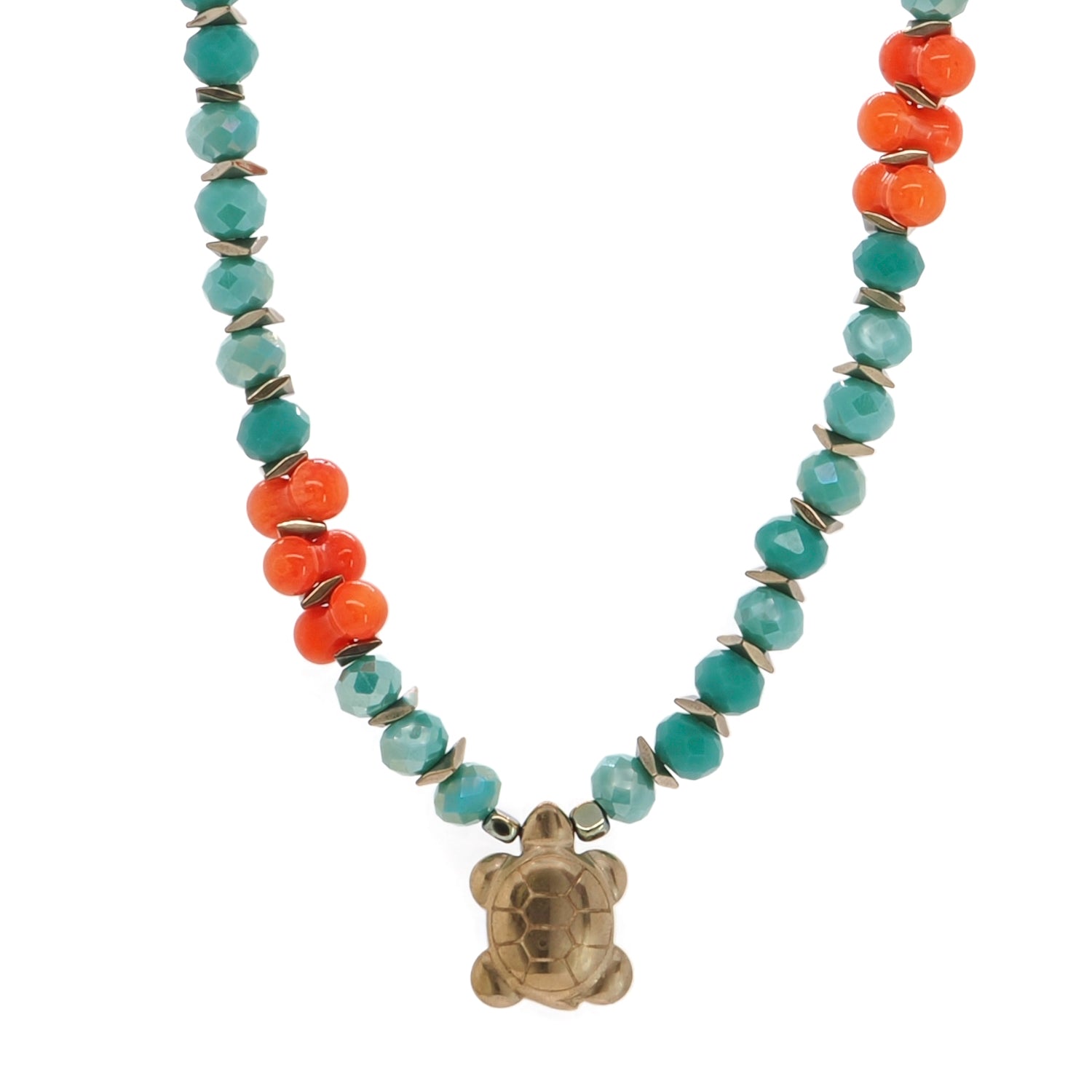 Handmade Turtle Blessing Necklace with Green Crystal Beads, Coral Stones, and 18k Gold-Plated Turtle Pendant
