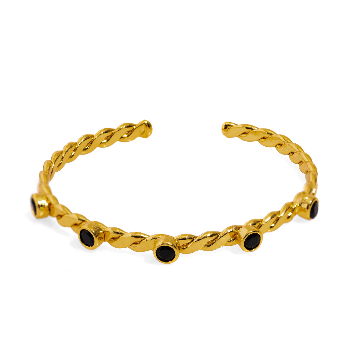 24K Gold-Plated Twisted Cuff Bracelet with Black Onyx Stones for Elegant Sophistication