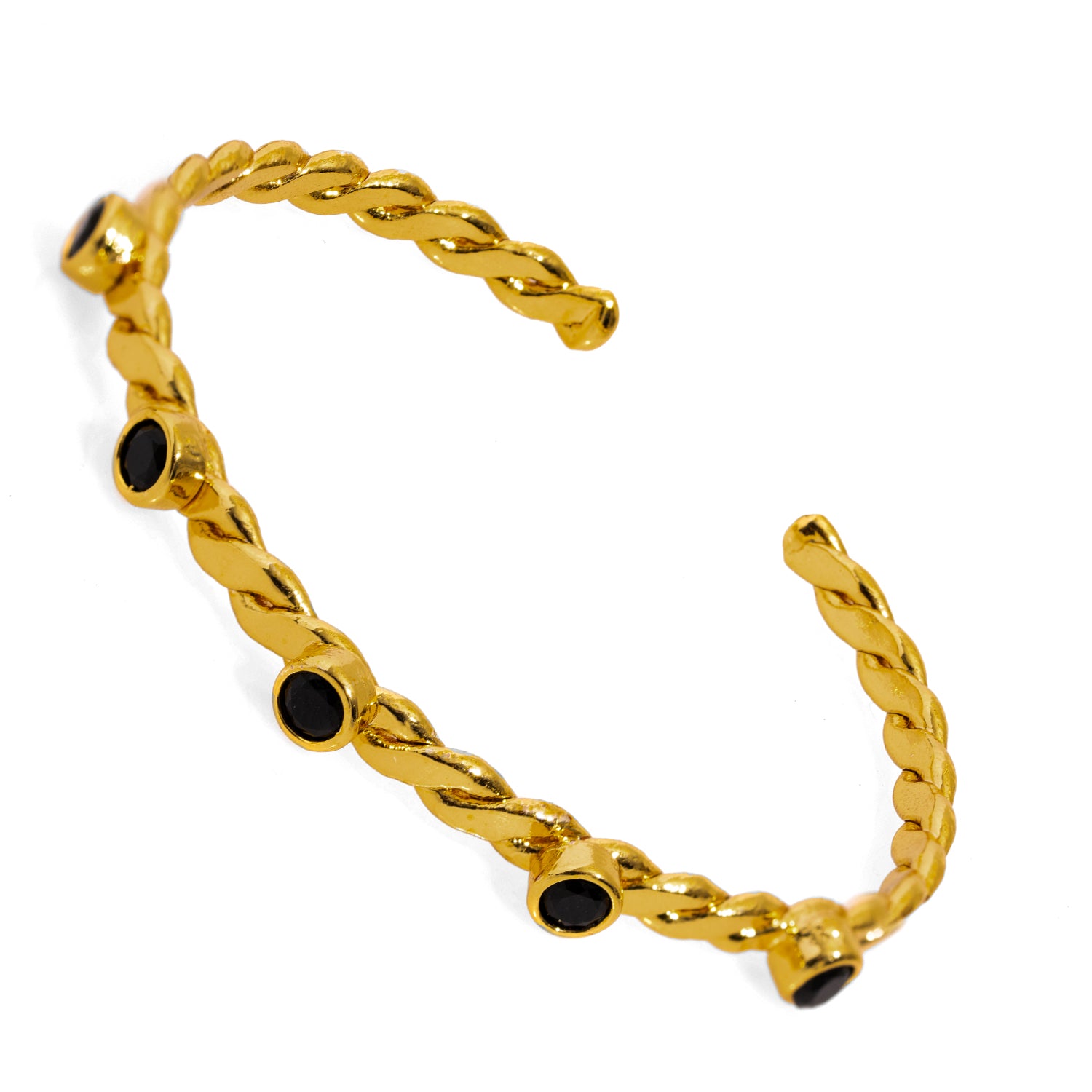 Handcrafted 24K Gold Cuff Bracelet with Black Onyx Stones for Understated Elegance
