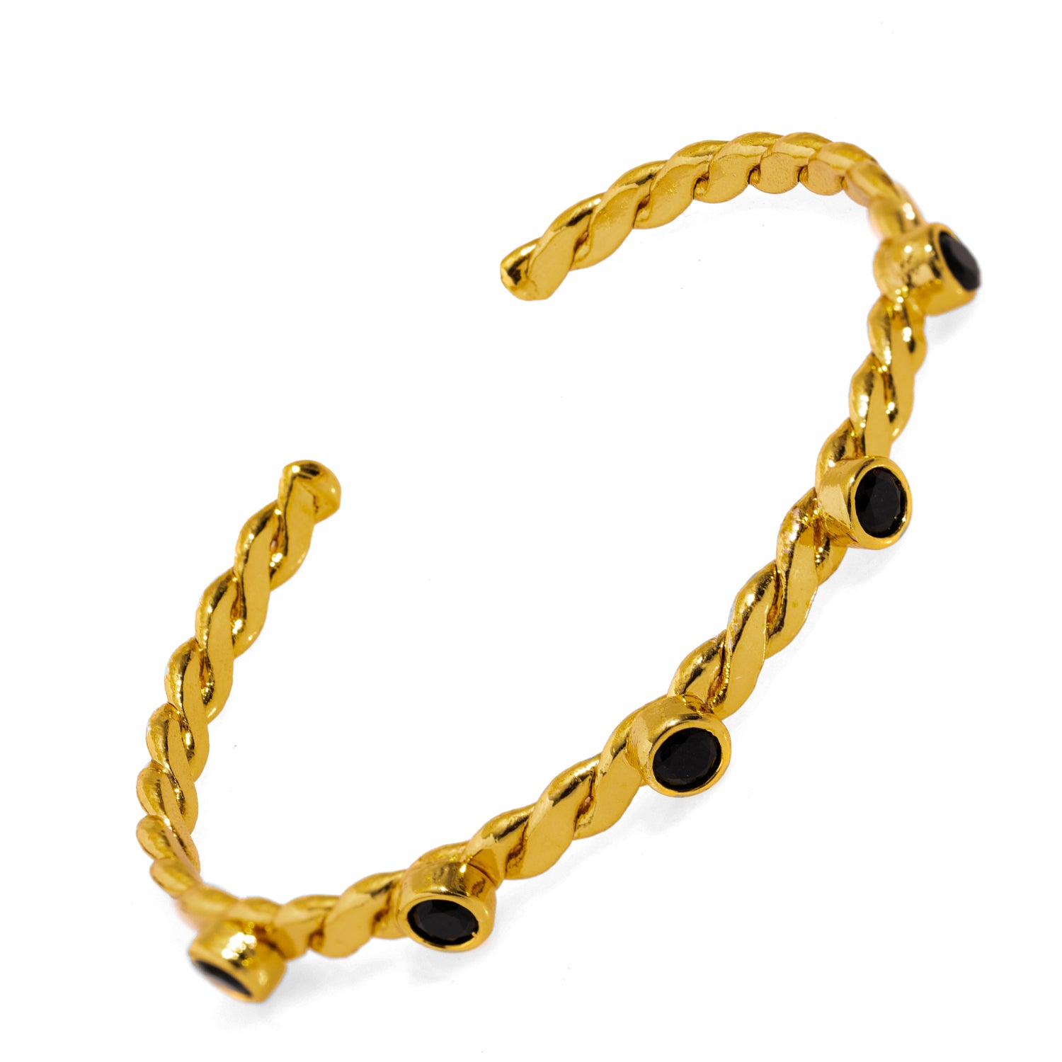 Gold-Plated Twisted Cuff Bracelet with Black Onyx Stones for a Refined, Luxurious Look