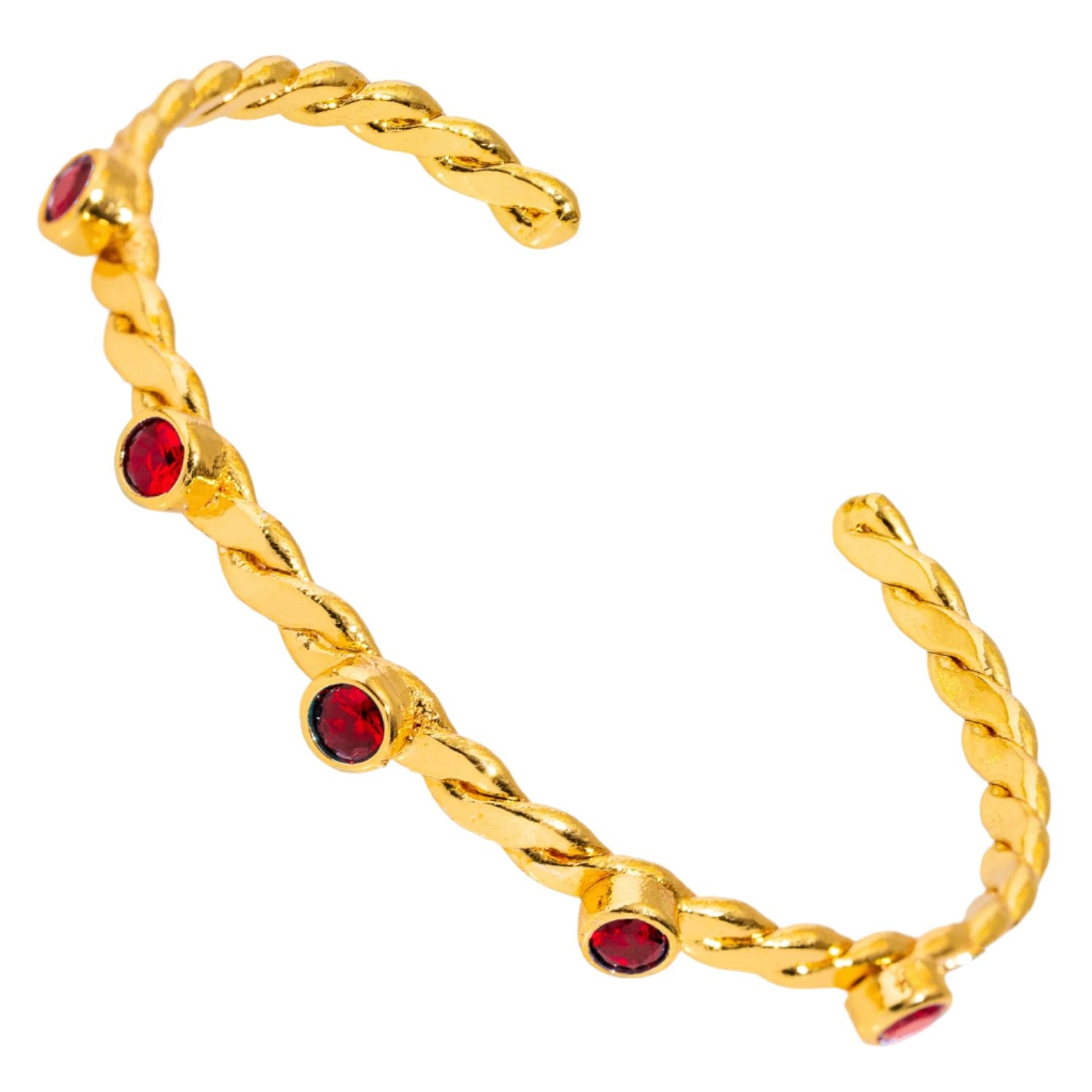 Dainty Twisted Gold Cuff Bracelet with Ruby Stones for a Sophisticated and Elegant Style