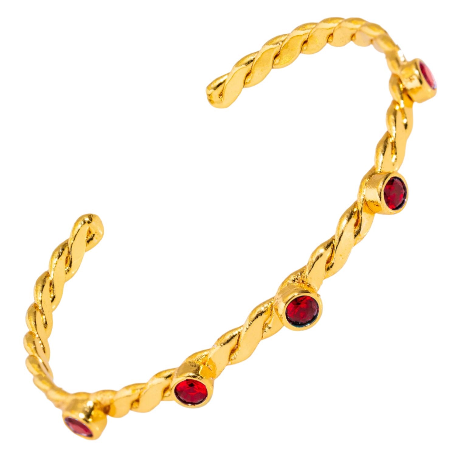 24K Gold Twisted Cuff Bracelet with Delicate Ruby Stones for a Refined, Understated Look