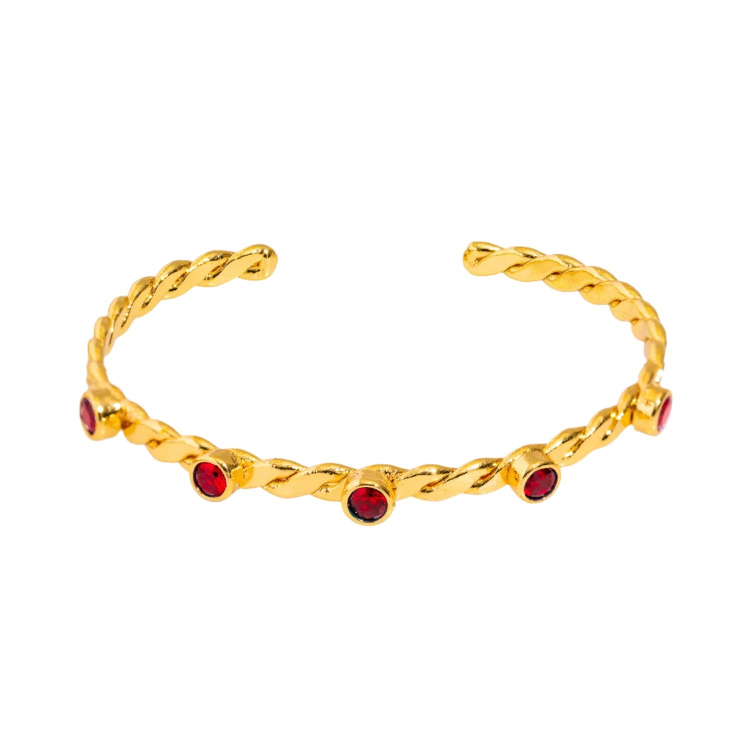 Gold-Plated Twisted Cuff Bracelet with Delicate Ruby Stones for Timeless, Understated Style