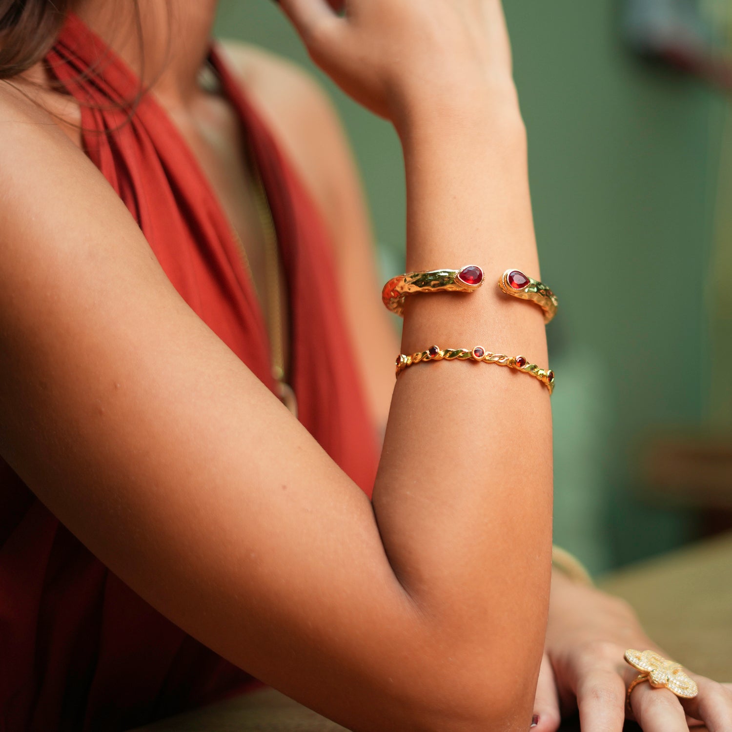 Handmade Gold Cuff Bracelet with Twisted Design and Ruby Stones for Elegant Charm